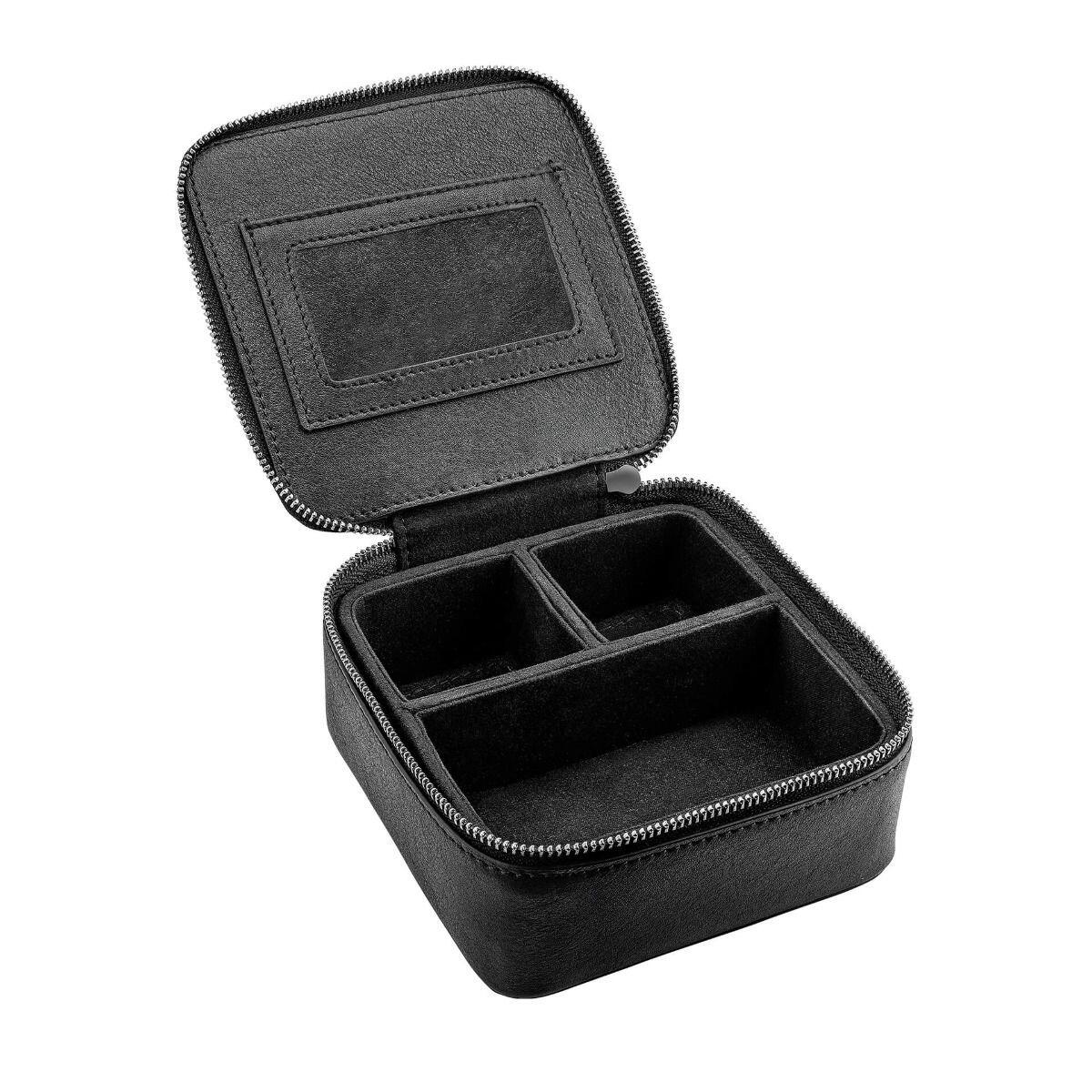 "fredbennett® Personalised Black Leather Jewellery Box – A stylish men’s leather jewellery box with plush compartments and free laser engraving, perfect for grooms, groomsmen, and milestone gifts. Available at Gold and Diamonds."