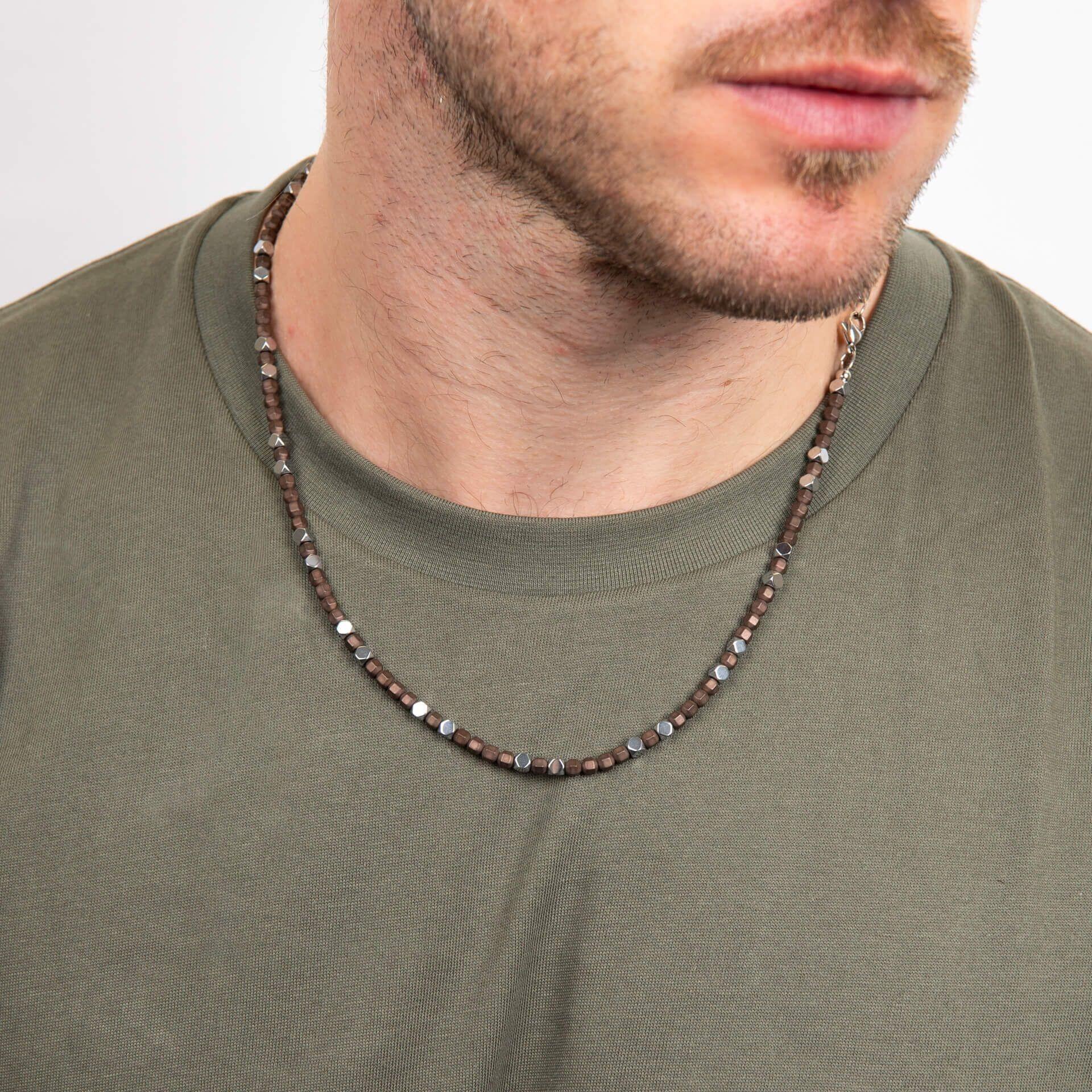 "fredbennett® Brown Hematite Bead Necklace – natural stone bead necklace for men with stainless steel accents, inspired by rugged landscapes. Skin-safe and presented in a fredbennett® suede pouch, available at Gold and Diamonds."