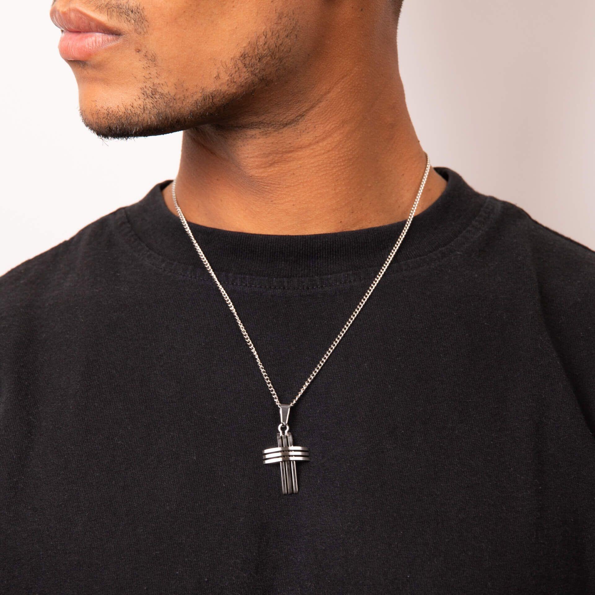 "fredbennett® Stainless Steel Triple Cross Pendant and Chain – bold layered men’s necklace with polished finish, skin-safe and presented in a suede pouch from Gold and Diamonds."