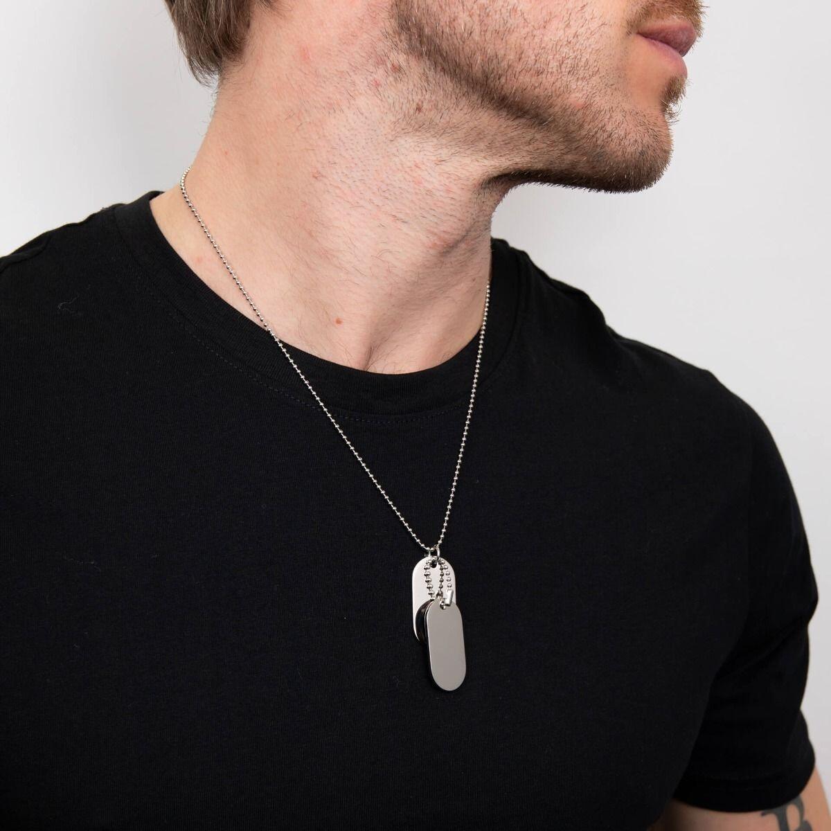"fredbennett® Double Oval Engravable Dog Tag Necklace – polished stainless steel with dual-sided engraving, perfect for text, images or handwriting. 56cm chain, presented in a suede pouch from Gold and Diamonds."