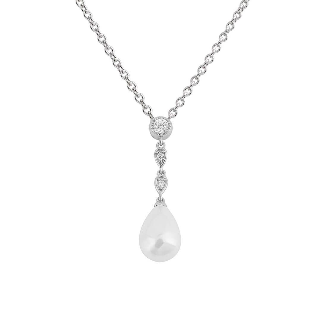 "Diamonfire® Shell Pearl Chain Drop Pendant with 0.13ct zirconia stones and white shell pearl, crafted in triple plated sterling silver, AnchorCert Pro certified skin safe, in luxury silk packaging."