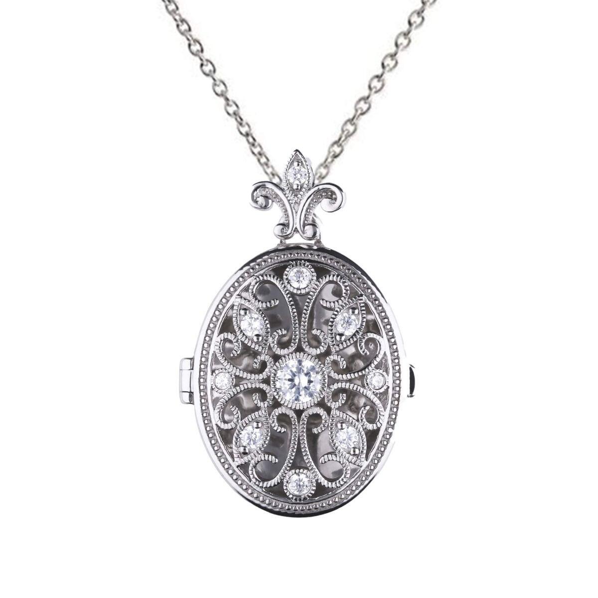 "Diamonfire® Oval Medallion Filigree Locket with 0.45ct zirconia, triple plated sterling silver, 57-facet cut stones, AnchorCert Pro certified skin safe, presented in luxury silk packaging with gift bag—ideal for weddings and heartfelt gifting."