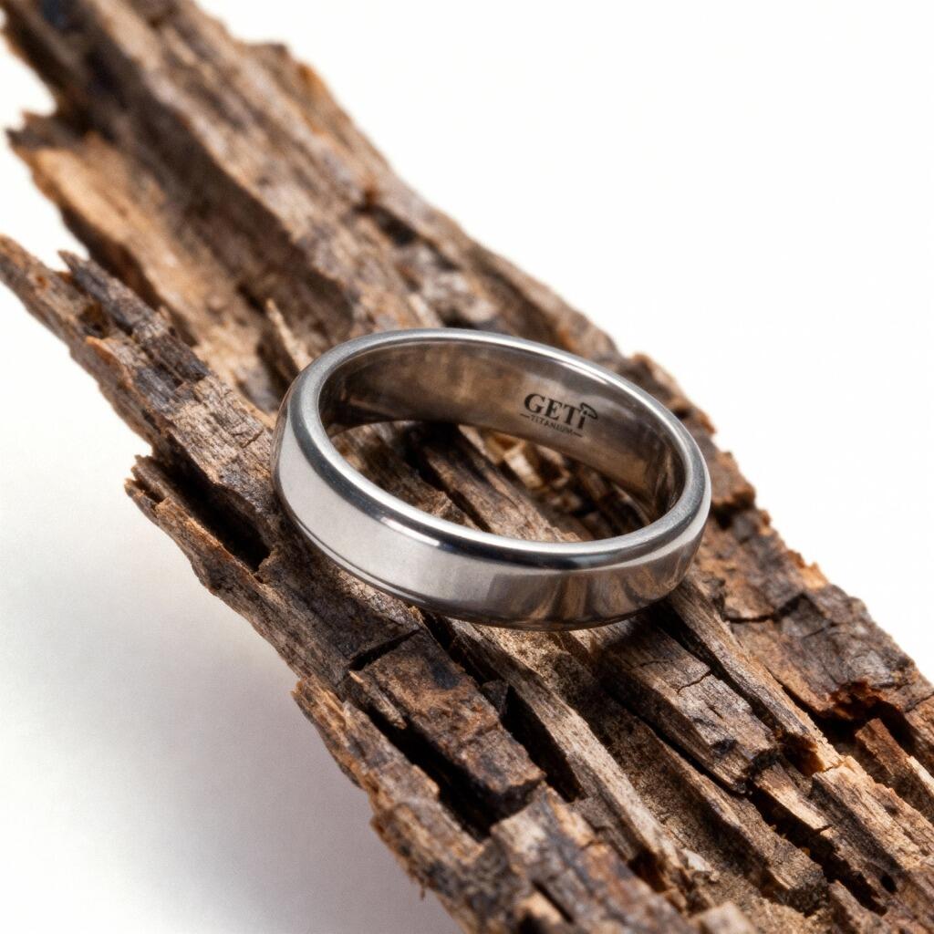 Polished flat court Geti titanium wedding band with stepped edges by Gold and Diamonds