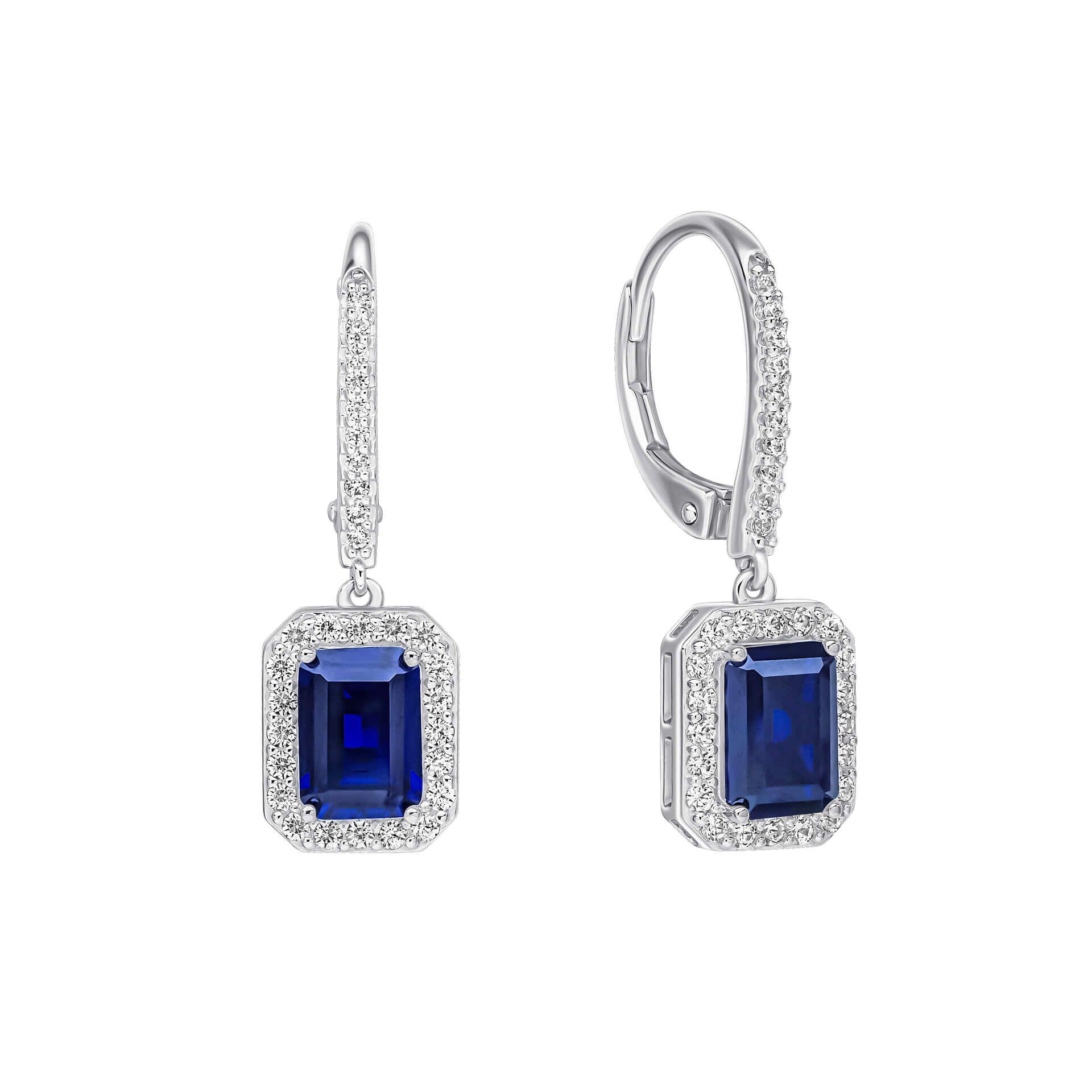 Diamonfire® Sapphire Blue Geometric Halo Emerald Cut Zirconia Drop Earrings in Triple Plated Sterling Silver – Elegant Jewellery by Gold and Diamonds