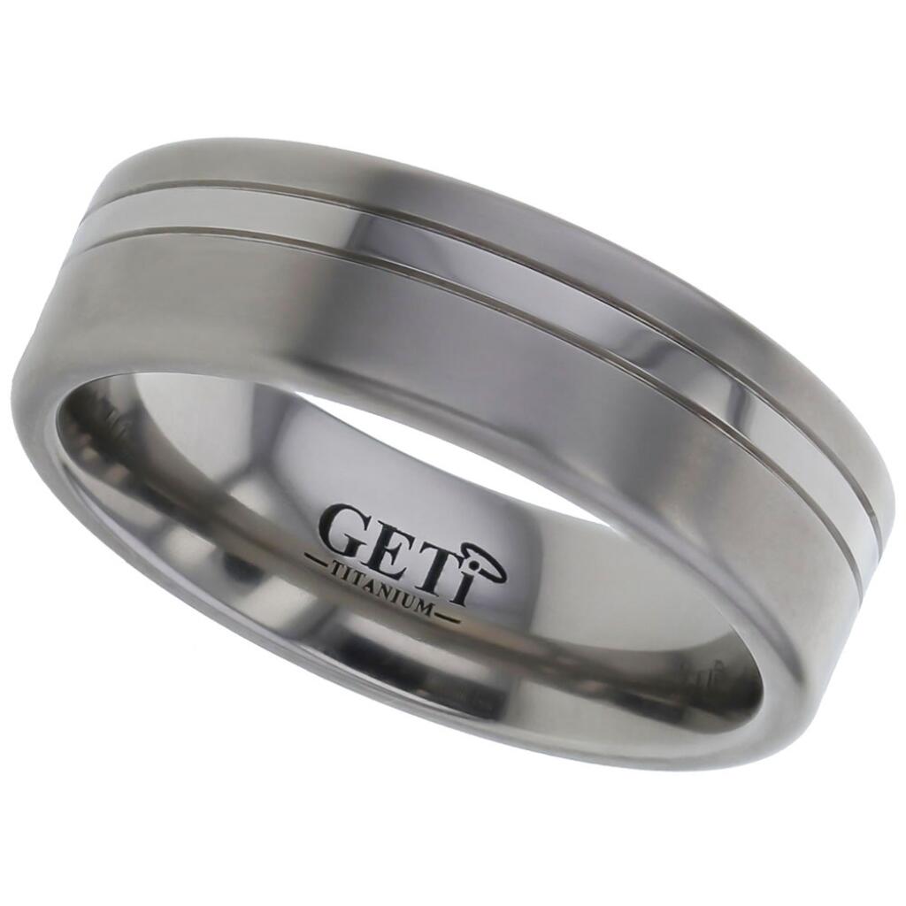 Satin flat profile Geti titanium wedding band with off-centre polished stripe by Gold and Diamonds