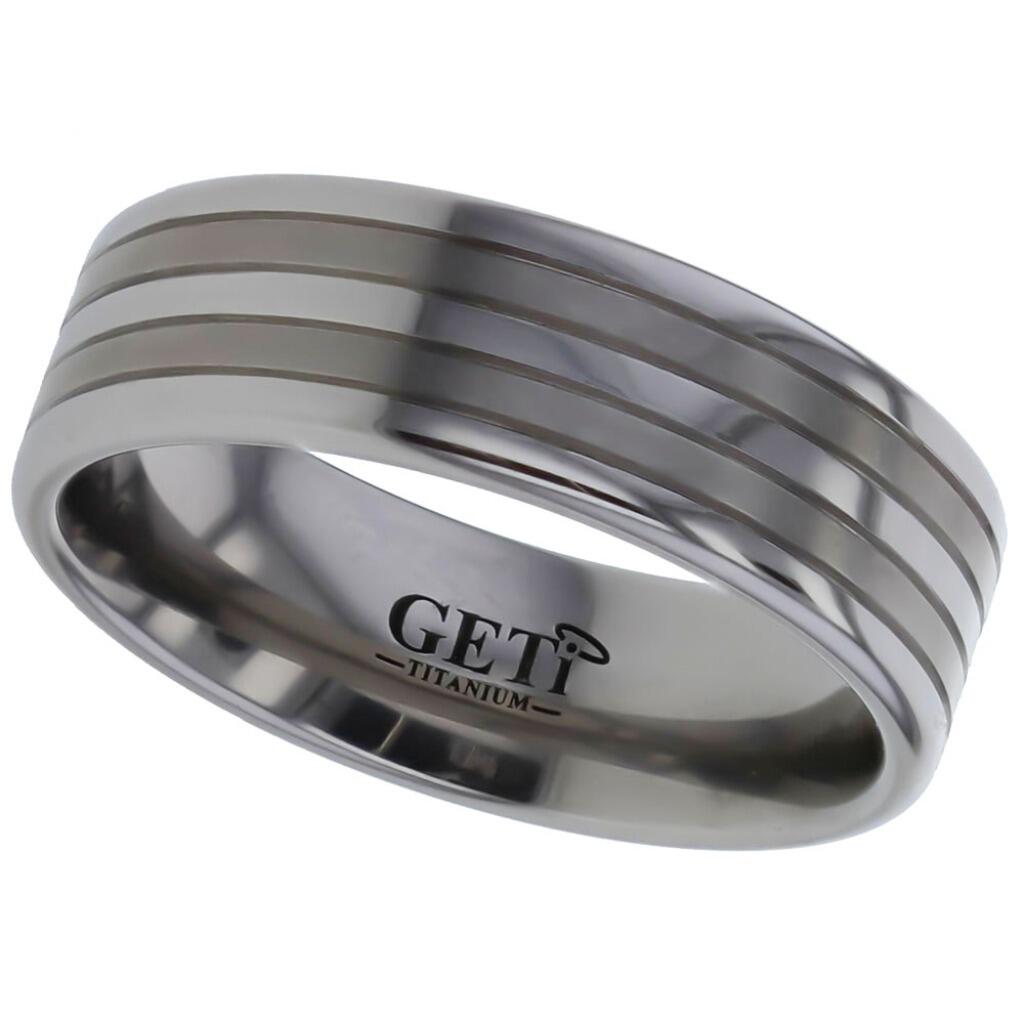 Flat profile Geti titanium wedding band with twin satin stripes and polished edges by Gold and Diamonds