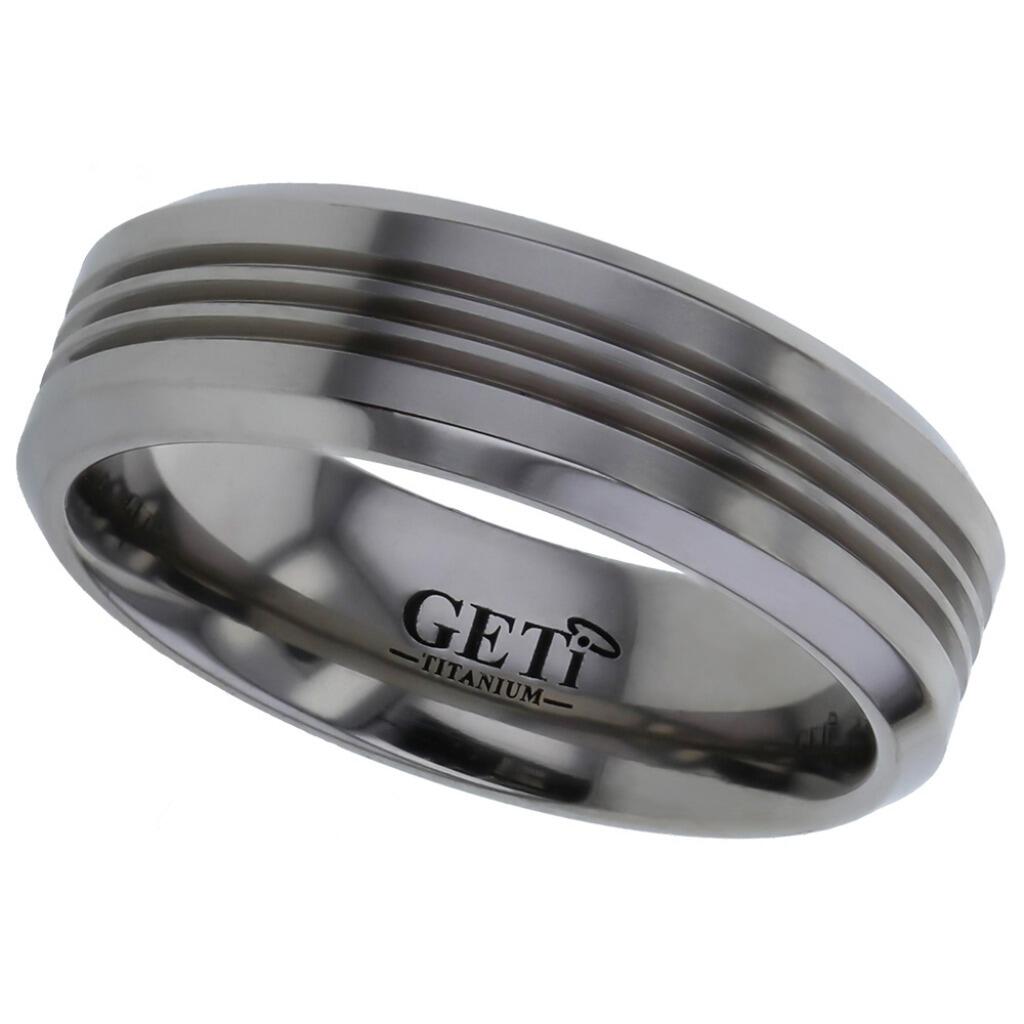 Chamfered edge Geti titanium wedding band with satin centre, polished edges and three deep grooves by Gold and Diamonds