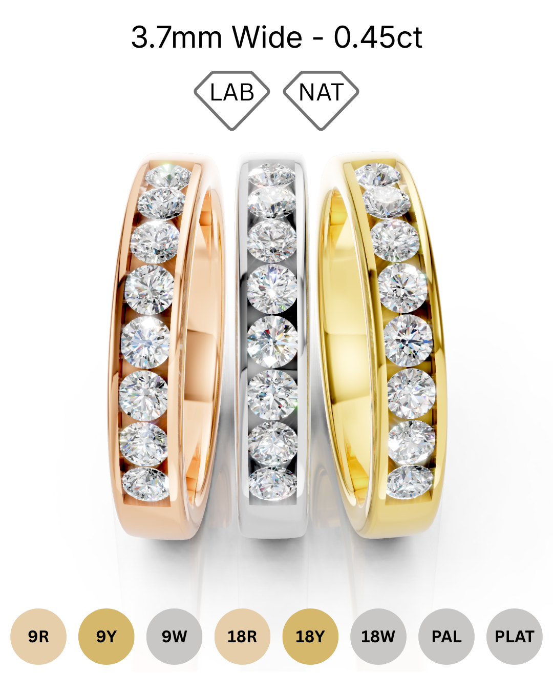 3.7mm channel set diamond wedding band 0.45ct round diamonds in gold platinum and palladium
