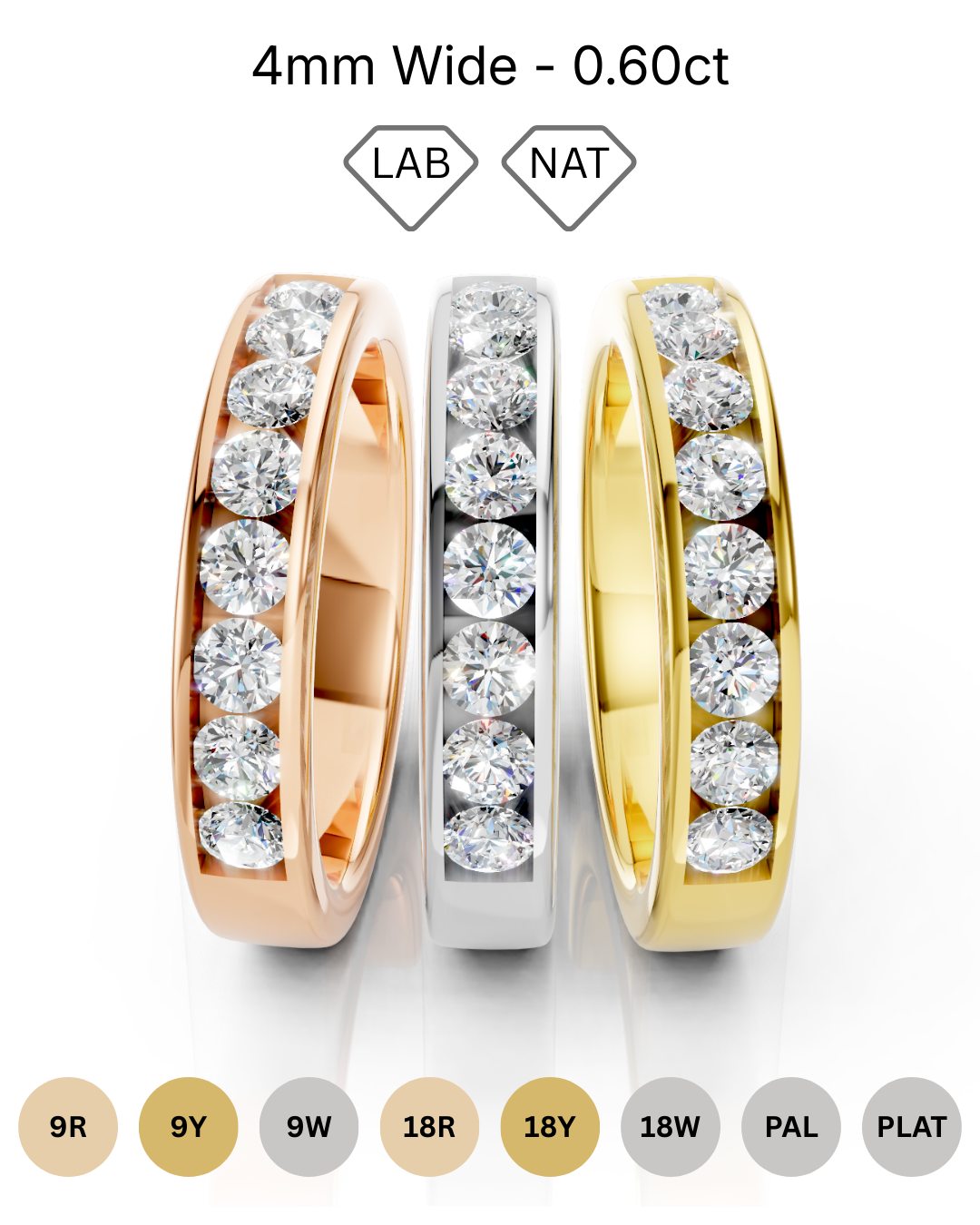 4mm channel set diamond wedding band 0.60ct round diamonds in gold platinum and palladium