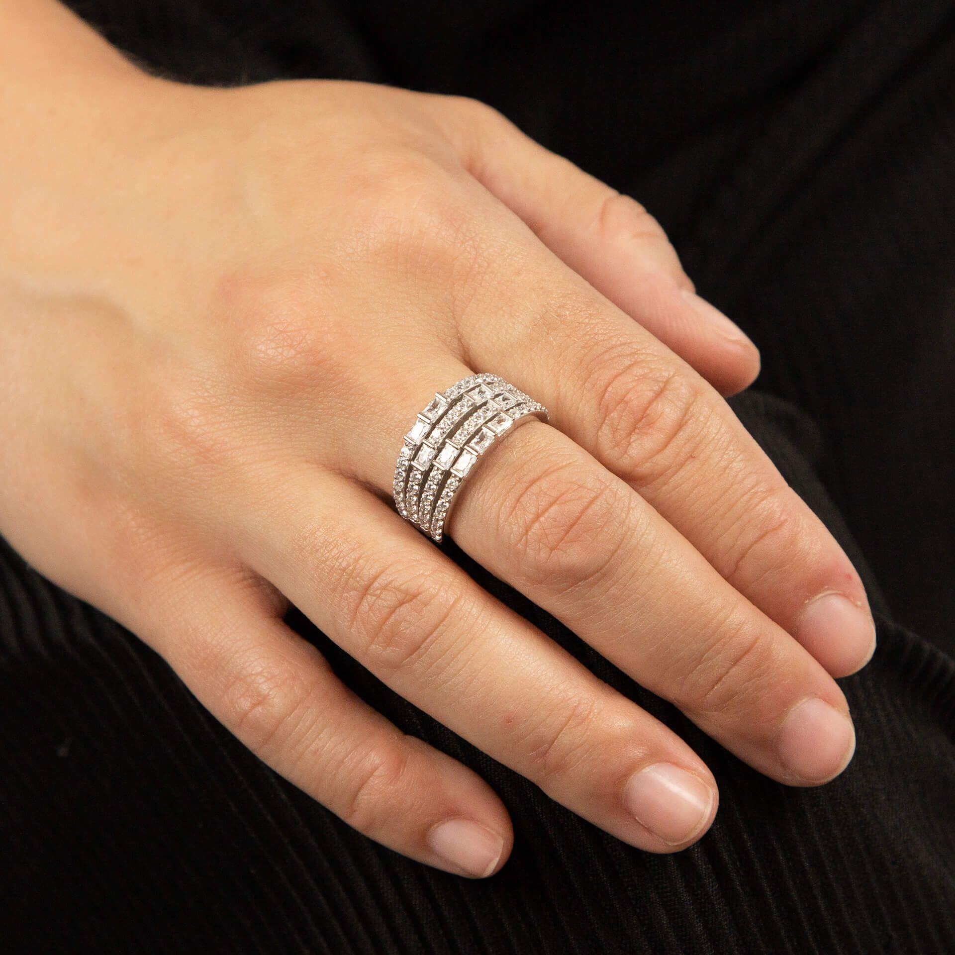 Diamonfire® 1.14ct Multi-Band Statement Ring with baguette and round-cut zirconia stones, set in sterling silver with triple plating, presented in exclusive Diamonfire® silk packaging with a luxury gift box and bag.