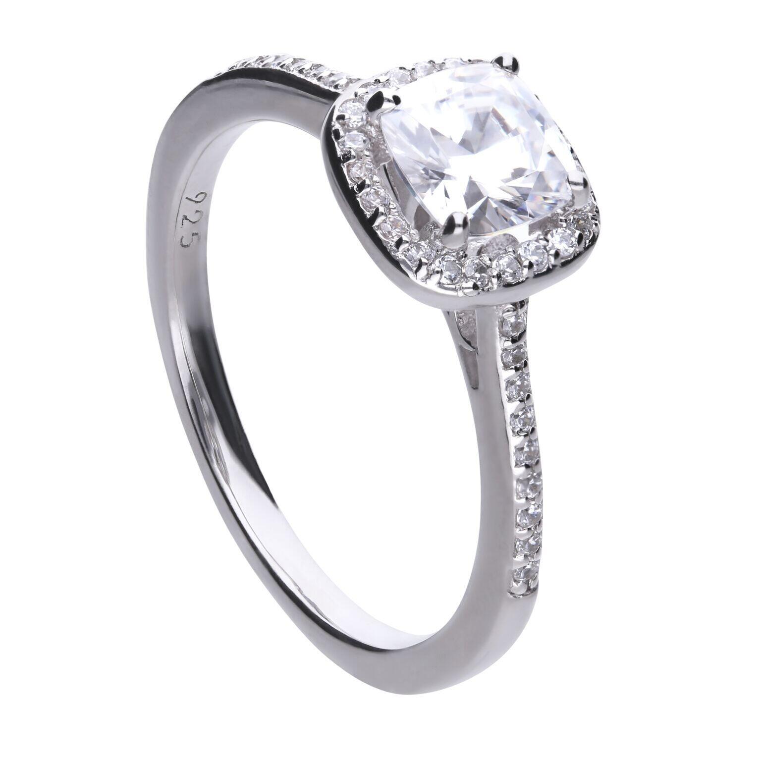 Diamonfire® 1.4ct Square Pave Set Ring with round stone-set halo and shoulders, crafted in triple-plated sterling silver, featuring 57-facet cut zirconia stones, presented in exclusive silk packaging with a luxury gift box and bag.