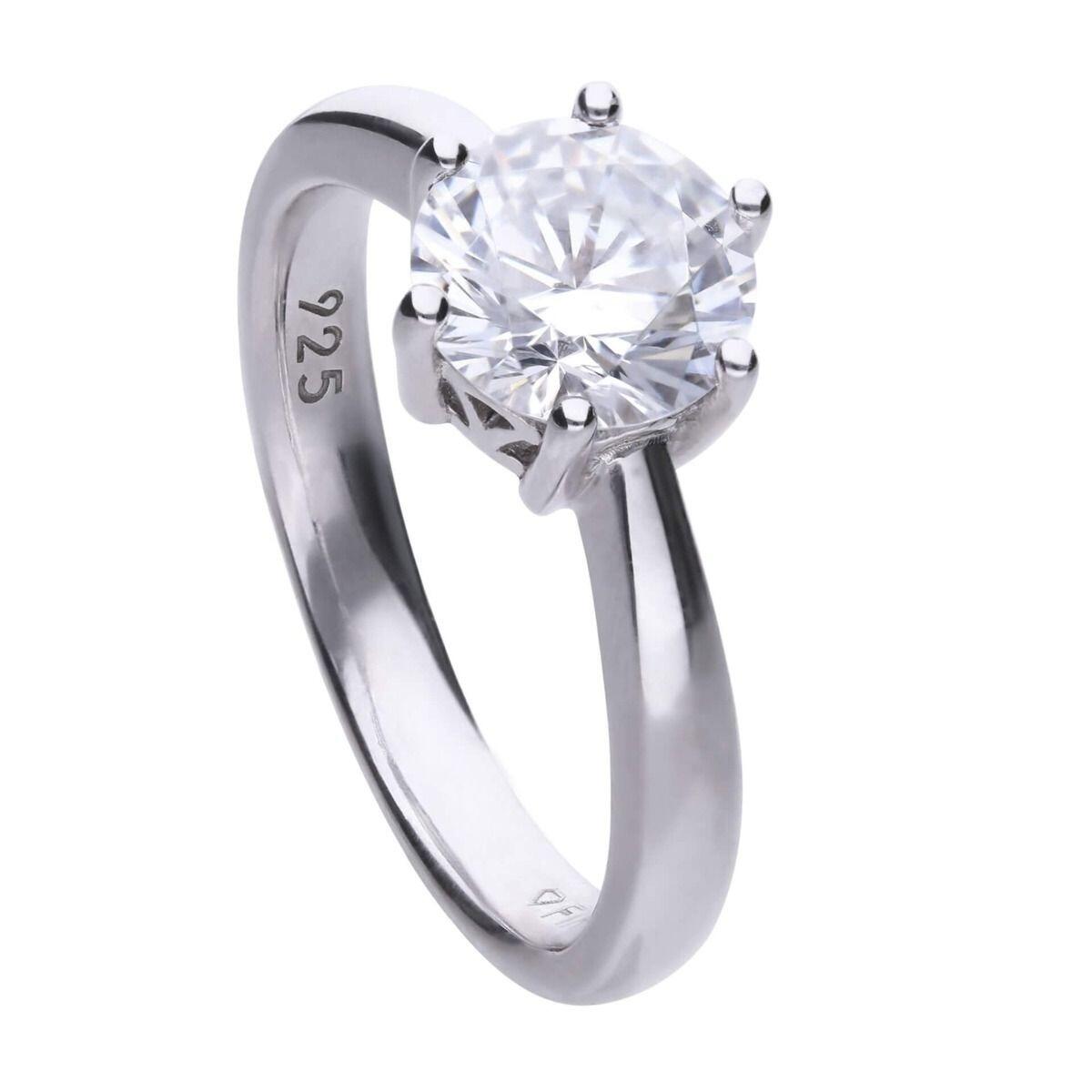 Diamonfire® 2ct Solitaire Ring with 6 Claw Setting in Sterling Silver, Platinum Plated Triple Finish, presented in exclusive Diamonfire® silk packaging with a luxury gift box and bag.