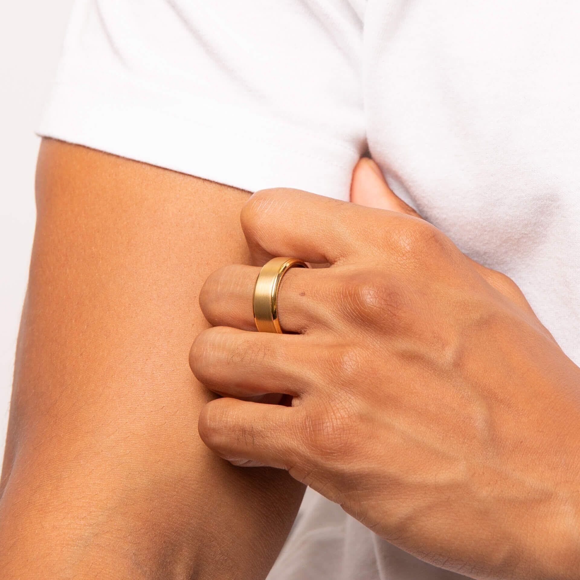 "Brushed Yellow Gold IP Plated Tungsten Ring with contrasting brushed and polished finishes, AnchorCert Pro certified skin safe, showcasing a luxurious yellow gold finish."