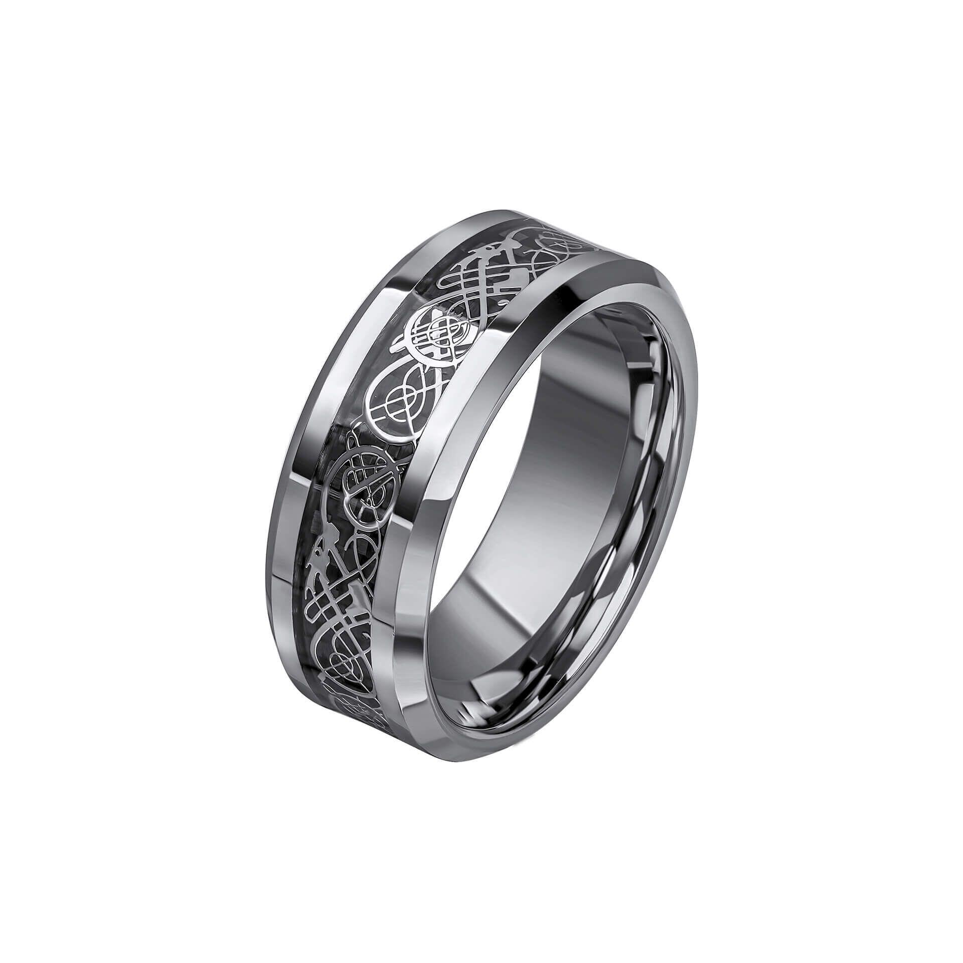 "8mm Flat Tungsten Ring with polished edges and stainless steel filigree detail at the centre, AnchorCert Pro certified skin safe, by fredbennett®."