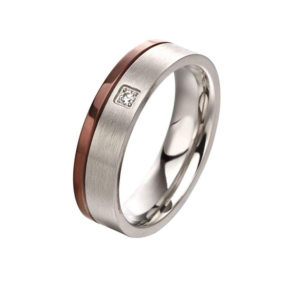 "6mm Stainless Steel Ring with brushed finish and polished brown IP detailing, accented by a cubic zirconia stone, AnchorCert Pro certified skin safe, by fredbennett®."
