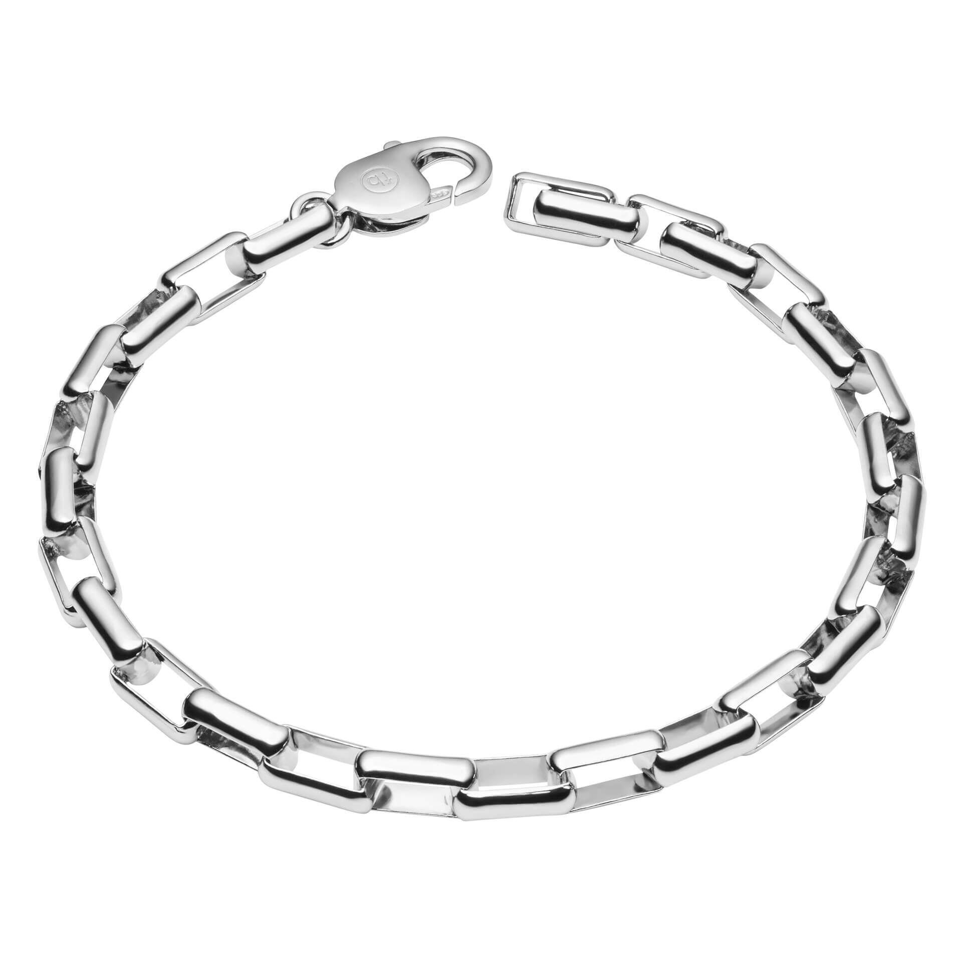 "Platinum Plated Recycled Silver Box Chain Bracelet by fredbennett®, crafted from recycled sterling silver with platinum plating, AnchorCert Pro certified skin safe, 23cm length, presented in a branded premium suede pouch in a branded gift box."