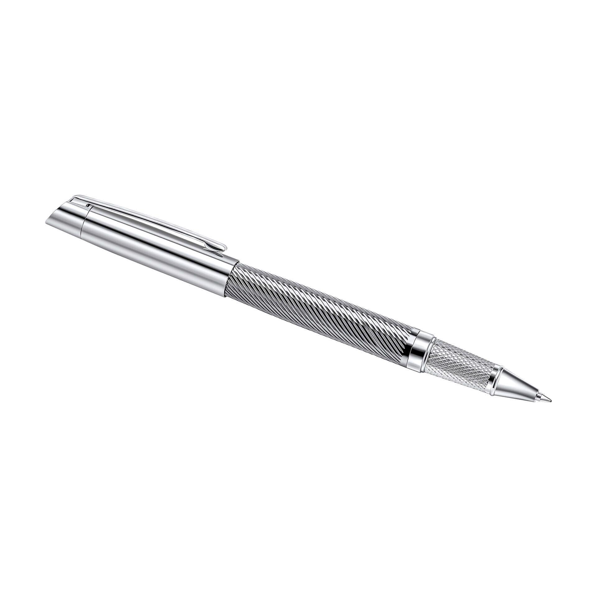 "fredbennett® Engravable Stainless Steel Ballpoint Pen with silver and gunmetal finish, presented in a genuine leather gift box – both pen and box engravable for a meaningful and sophisticated gift. Available at Gold and Diamonds."