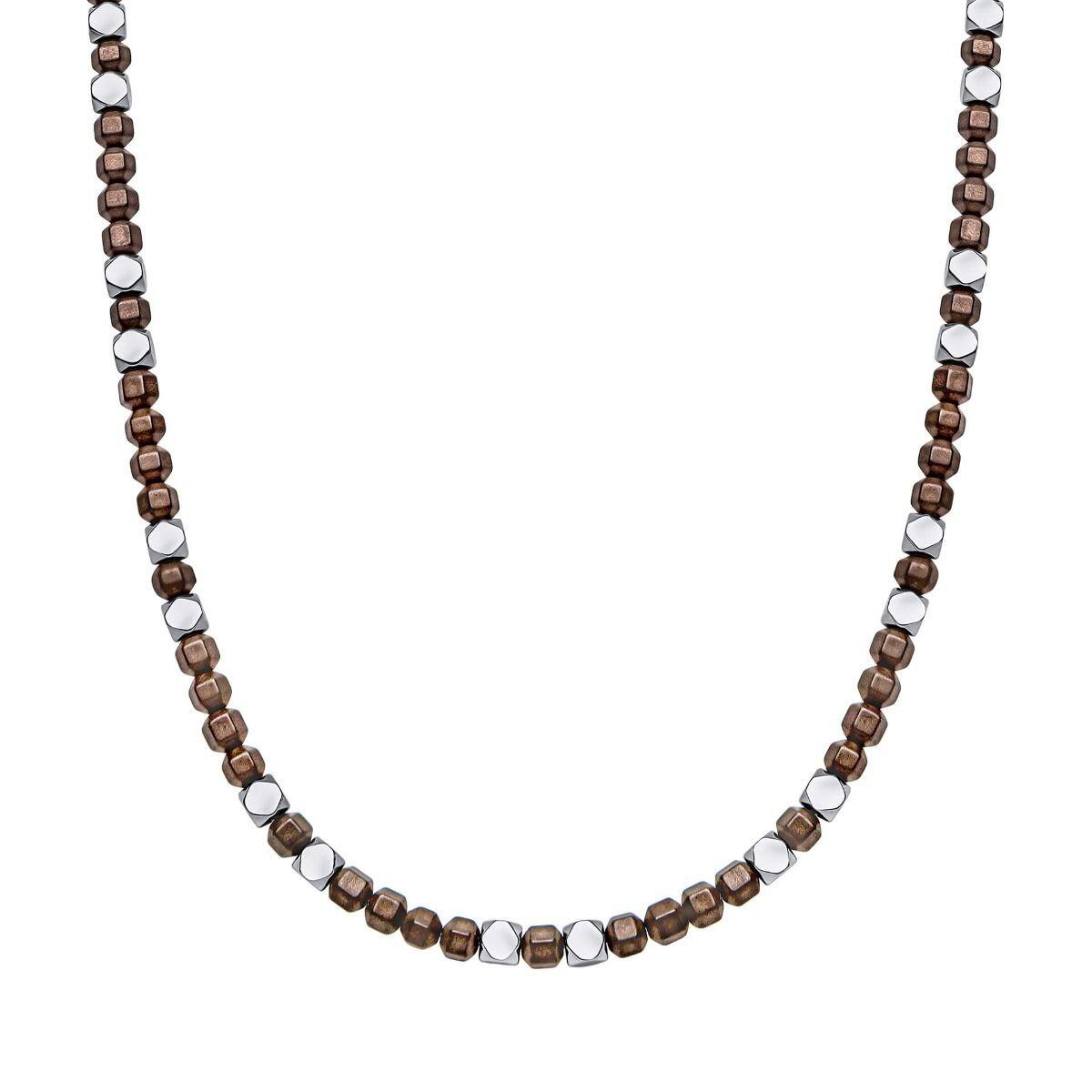 "fredbennett® Brown Hematite Bead Necklace – natural stone bead necklace for men with stainless steel accents, inspired by rugged landscapes. Skin-safe and presented in a fredbennett® suede pouch, available at Gold and Diamonds."