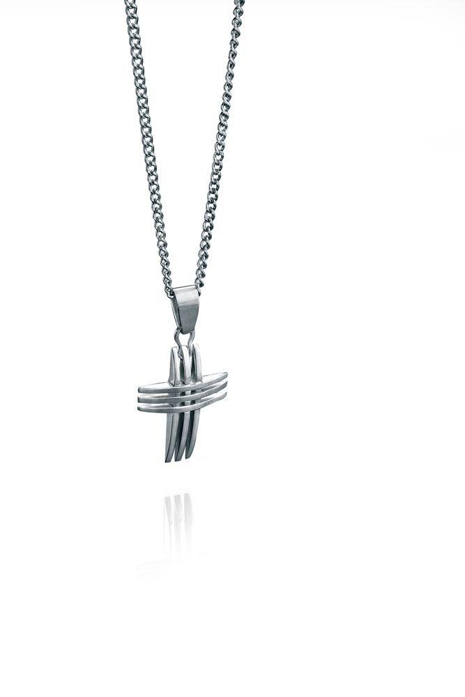 "fredbennett® Stainless Steel Triple Cross Pendant and Chain – bold layered men’s necklace with polished finish, skin-safe and presented in a suede pouch from Gold and Diamonds."