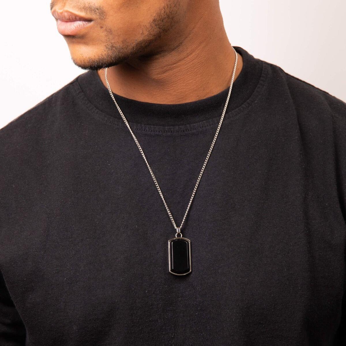 "fredbennett® Stainless Steel Dog Tag Pendant with Black Onyx – engravable back for text, images or handwritten messages. A healing necklace for men, gift-ready in a suede pouch from Gold and Diamonds."