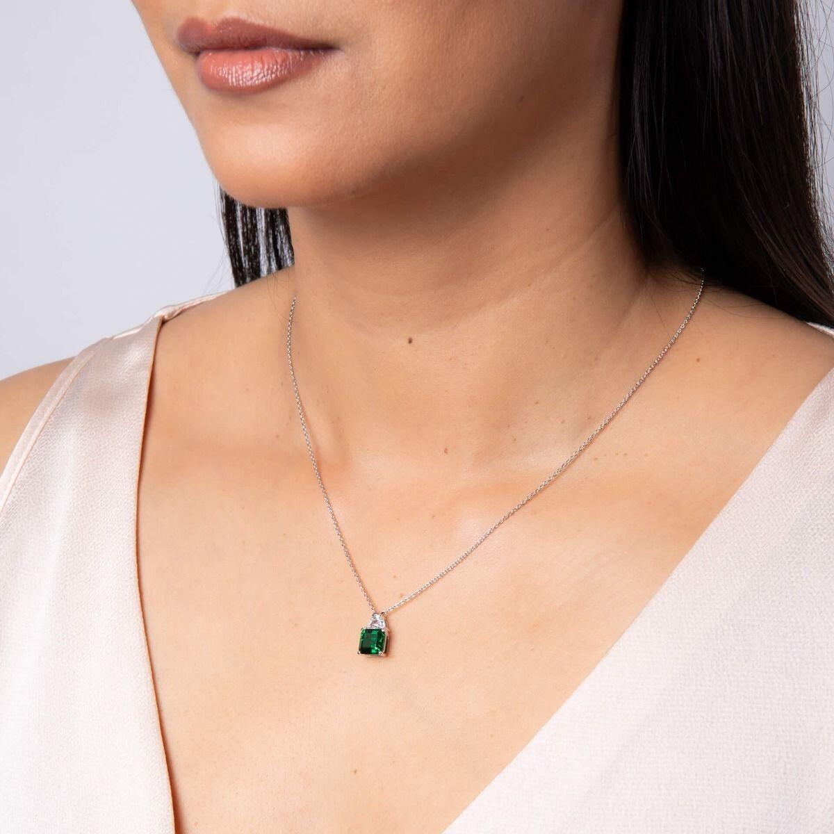 Diamonfire® Emerald Green Square-Cut Zirconia Necklace with Clear Accent in Triple Plated Sterling Silver – Luxury Jewellery by Gold and Diamonds