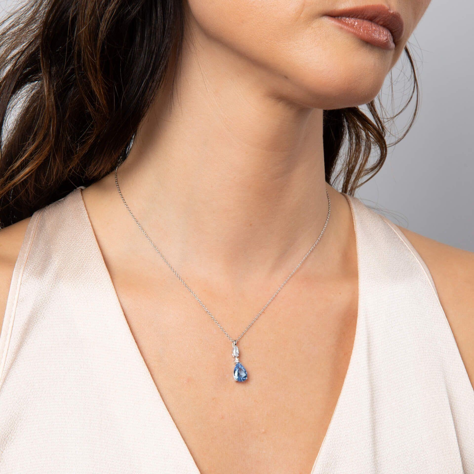 Diamonfire® Aquamarine Blue Marquise, Round and Teardrop Zirconia Statement Pendant in Triple Plated Sterling Silver, Adjustable 42–48cm – Luxury Jewellery by Gold and Diamonds