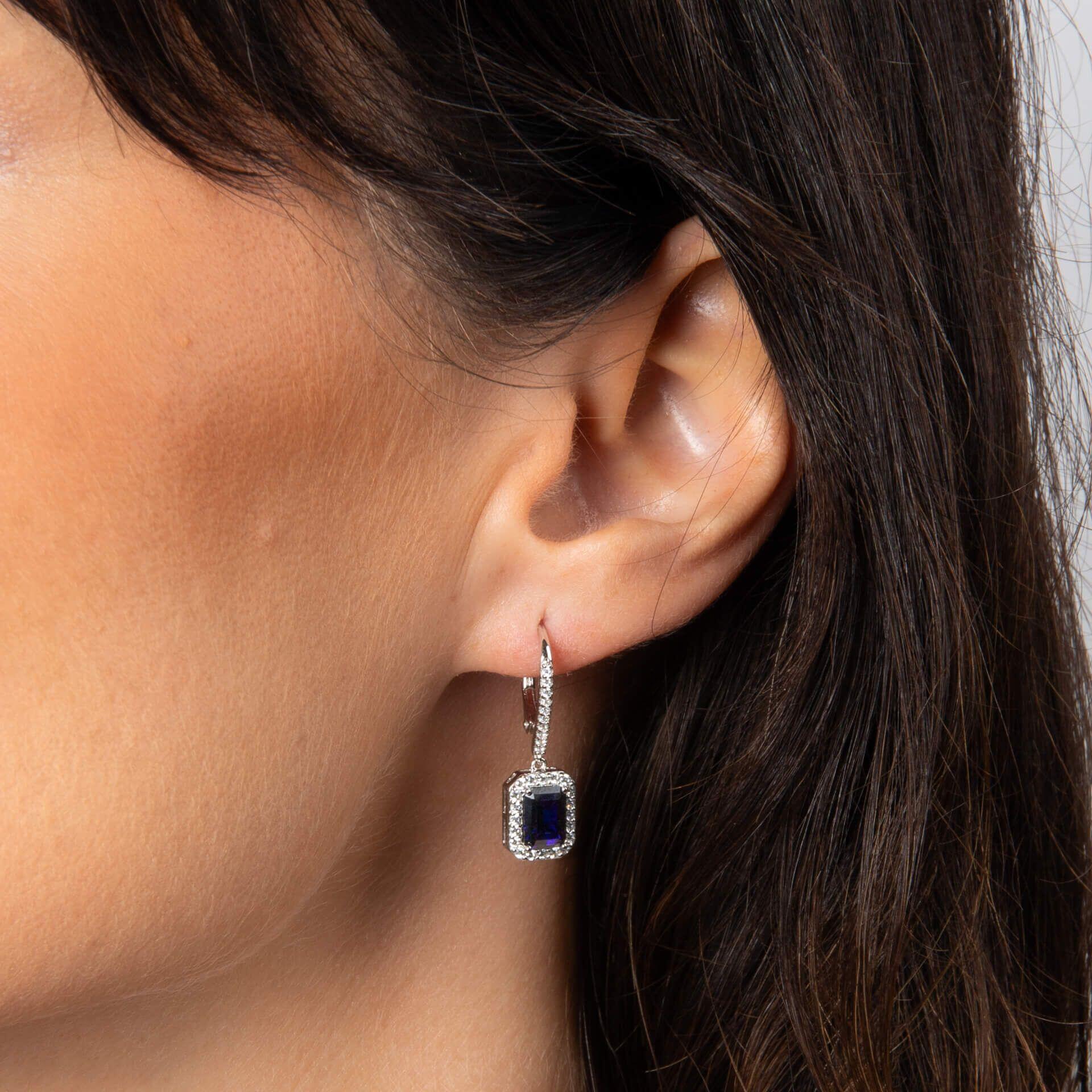 Diamonfire® Sapphire Blue Geometric Halo Emerald Cut Zirconia Drop Earrings in Triple Plated Sterling Silver – Elegant Jewellery by Gold and Diamonds