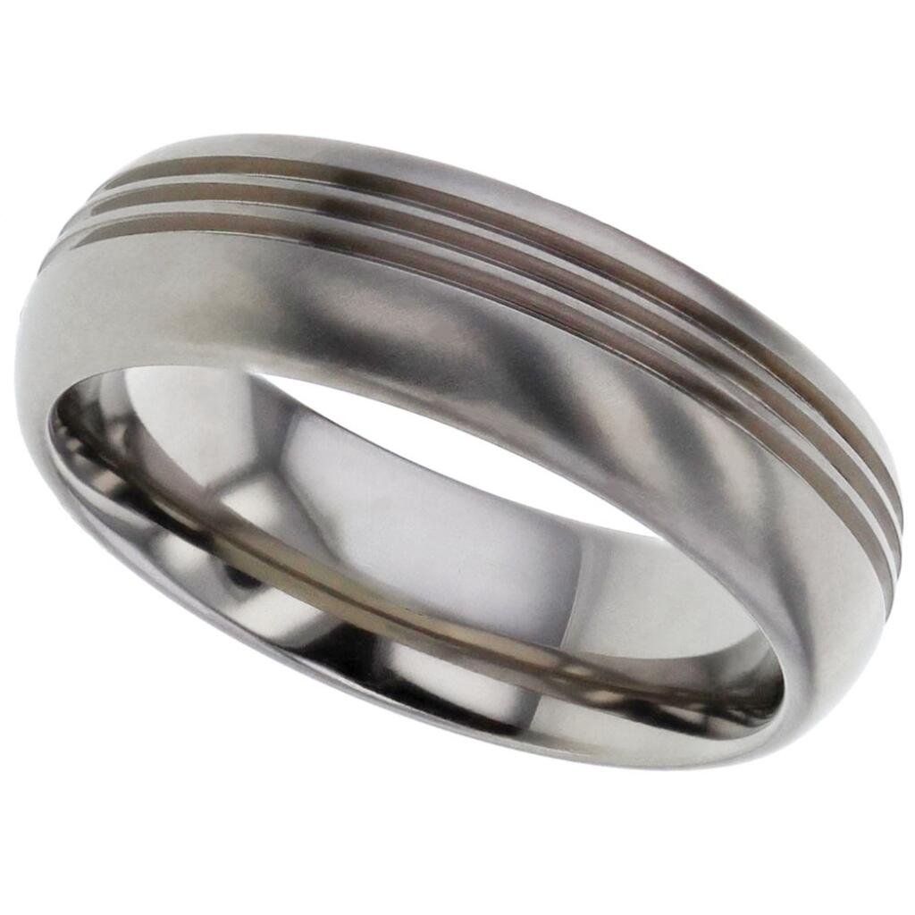 Brushed court shaped Geti titanium wedding band with three offset grooves by Gold and Diamonds