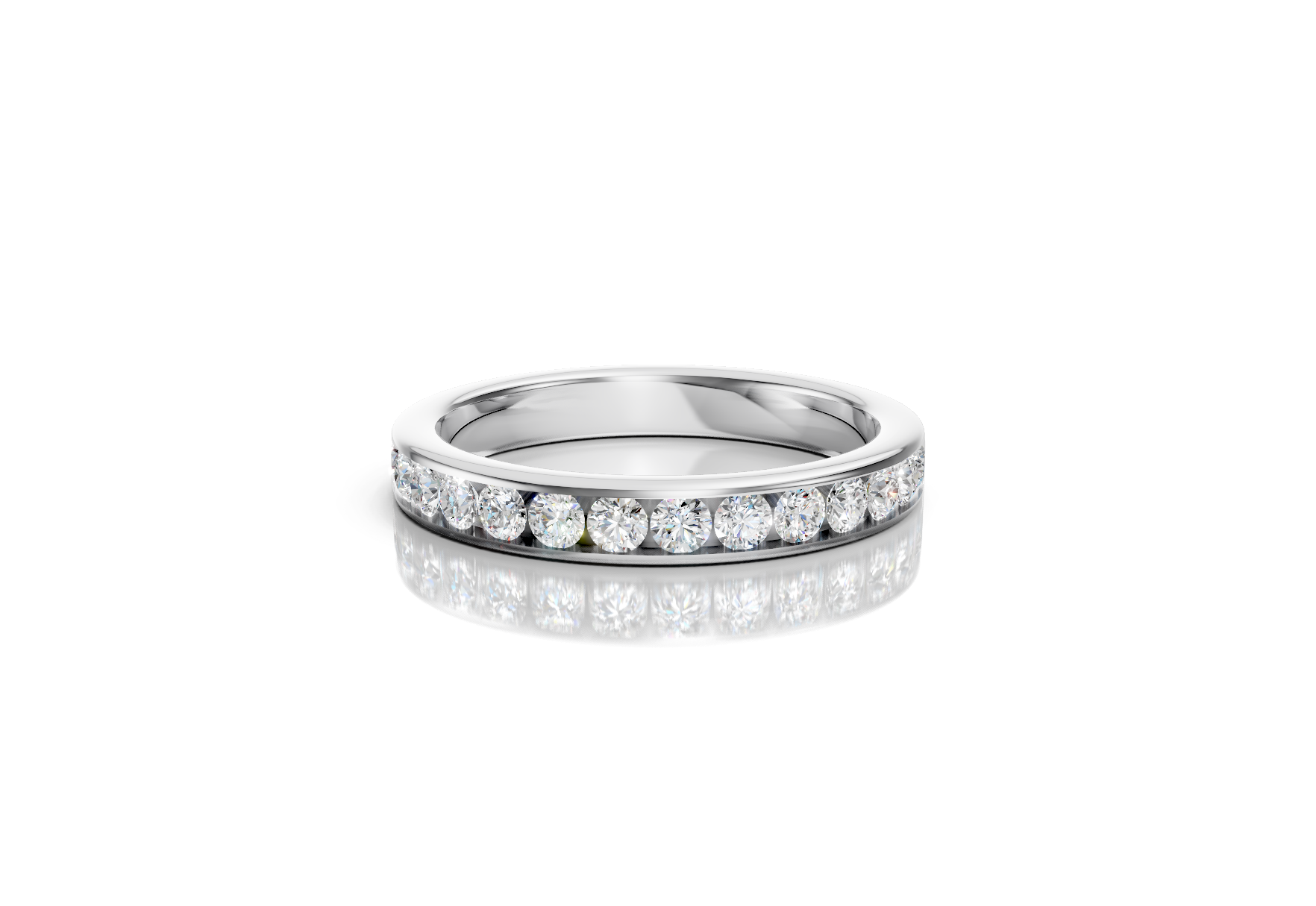 3mm channel set diamond wedding band 0.50ct round diamonds 50 percent set in gold platinum and palladium