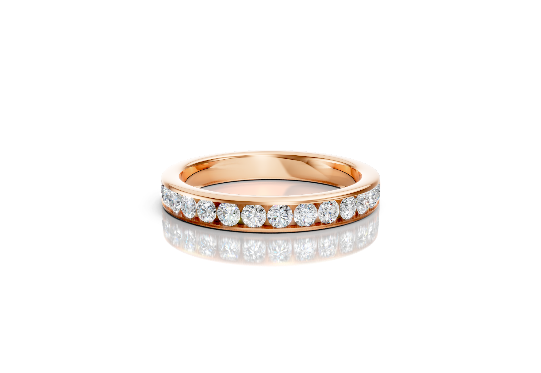 3mm channel set diamond wedding band 0.50ct round diamonds 50 percent set in gold platinum and palladium