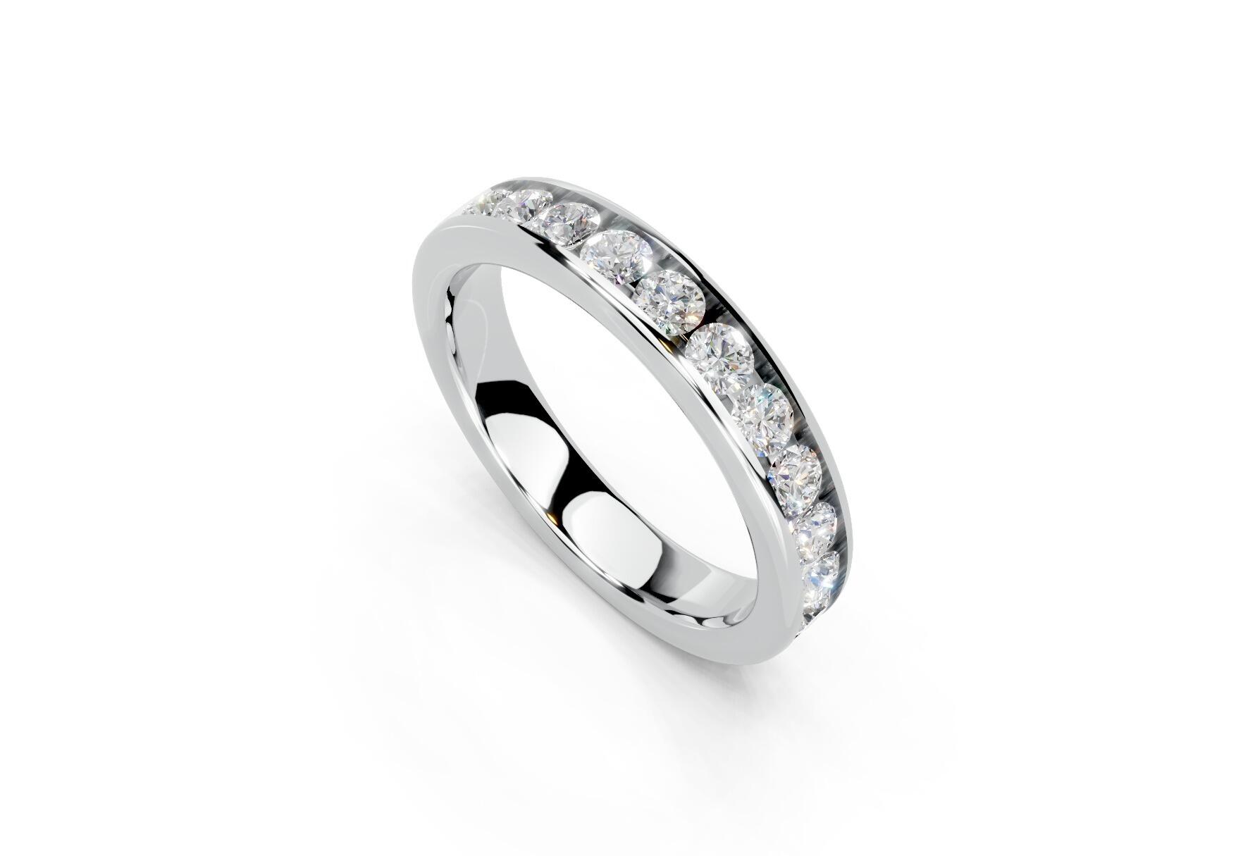 3.7mm channel set diamond wedding ring with 0.75ct round diamonds, 50% set for added sparkle. Available in gold, platinum and palladium. Natural G/VS or lab D/VVS1 diamonds. Free home consultations.