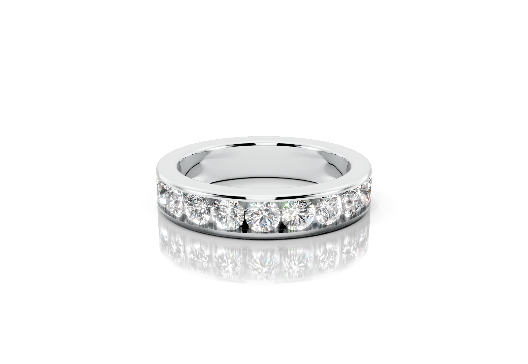 4.5mm channel set diamond wedding band 1.25ct round diamonds 50 percent set in gold platinum and palladium