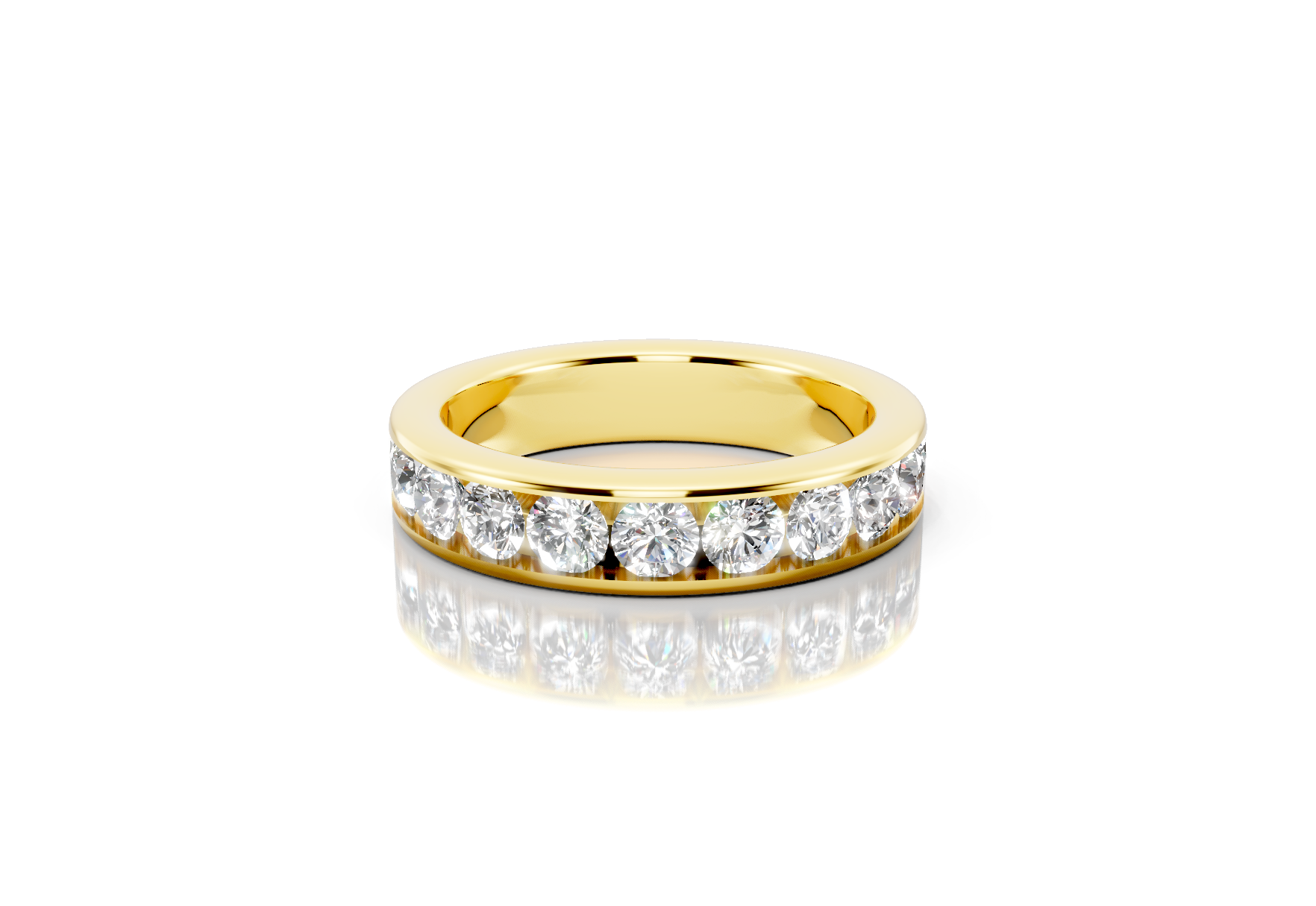 4.5mm channel set diamond wedding band 1.25ct round diamonds 50 percent set in gold platinum and palladium