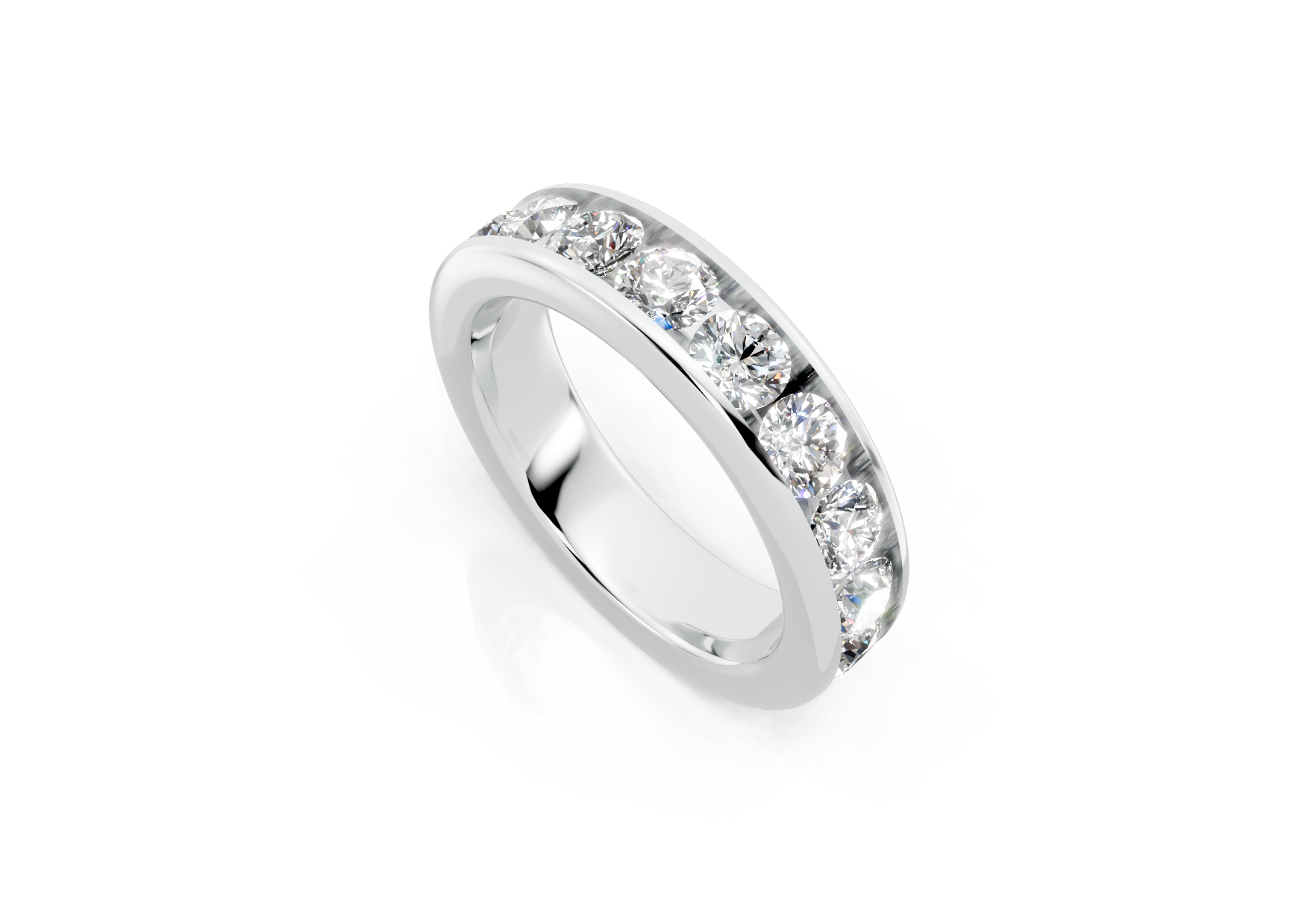 5mm channel set diamond wedding band 2ct round diamonds 50 percent set in gold platinum and palladium
