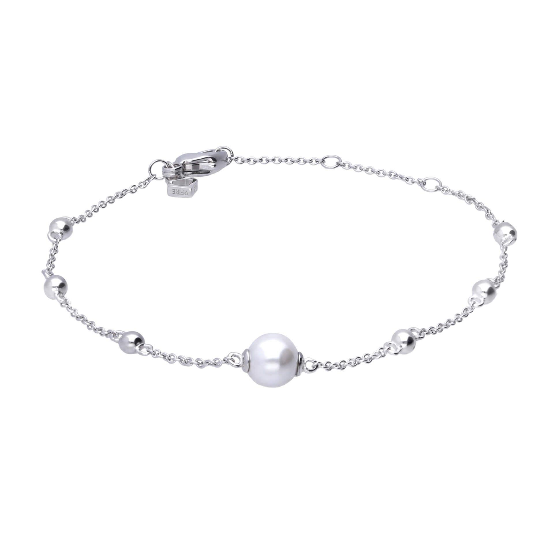 Diamonfire® Station Bracelet with Shell Pearl, featuring tiny ball accents and a 6mm shell pearl, crafted in sterling silver with triple platinum plating for lasting brilliance and skin-safe wear.