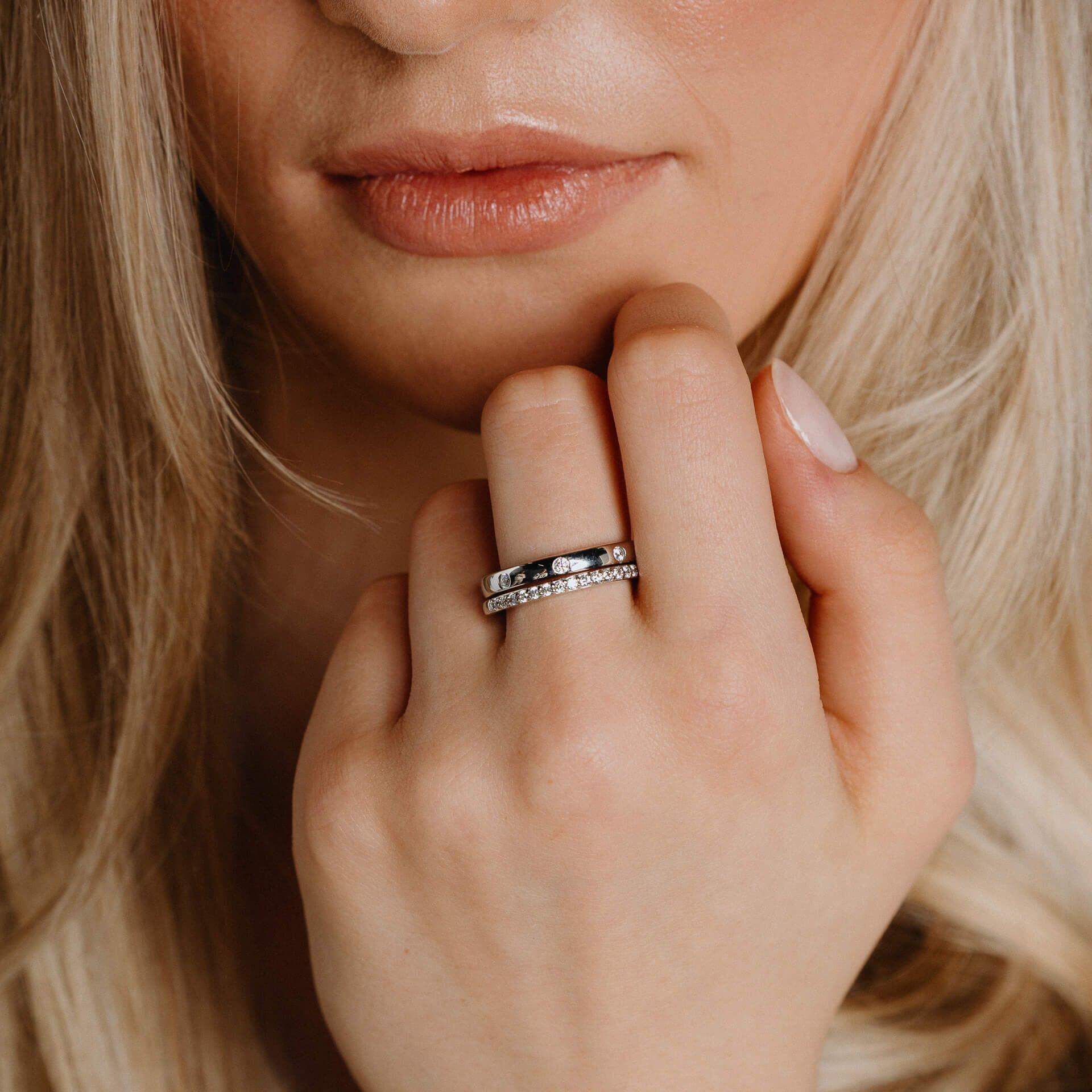 Diamonfire® 0.40ct Station Set Band Ring, featuring individually set zirconia stones, crafted in sterling silver with a triple-plated finish, presented in exclusive Diamonfire® silk packaging with a luxury gift box and bag.