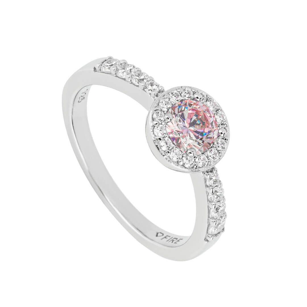Diamonfire® 1.25ct Halo & Pave Set Shoulder Ring with pink zirconia centre stone, crafted in triple-plated sterling silver, featuring 57-facet cut zirconia stones, presented in exclusive silk packaging with a luxury gift box and bag.