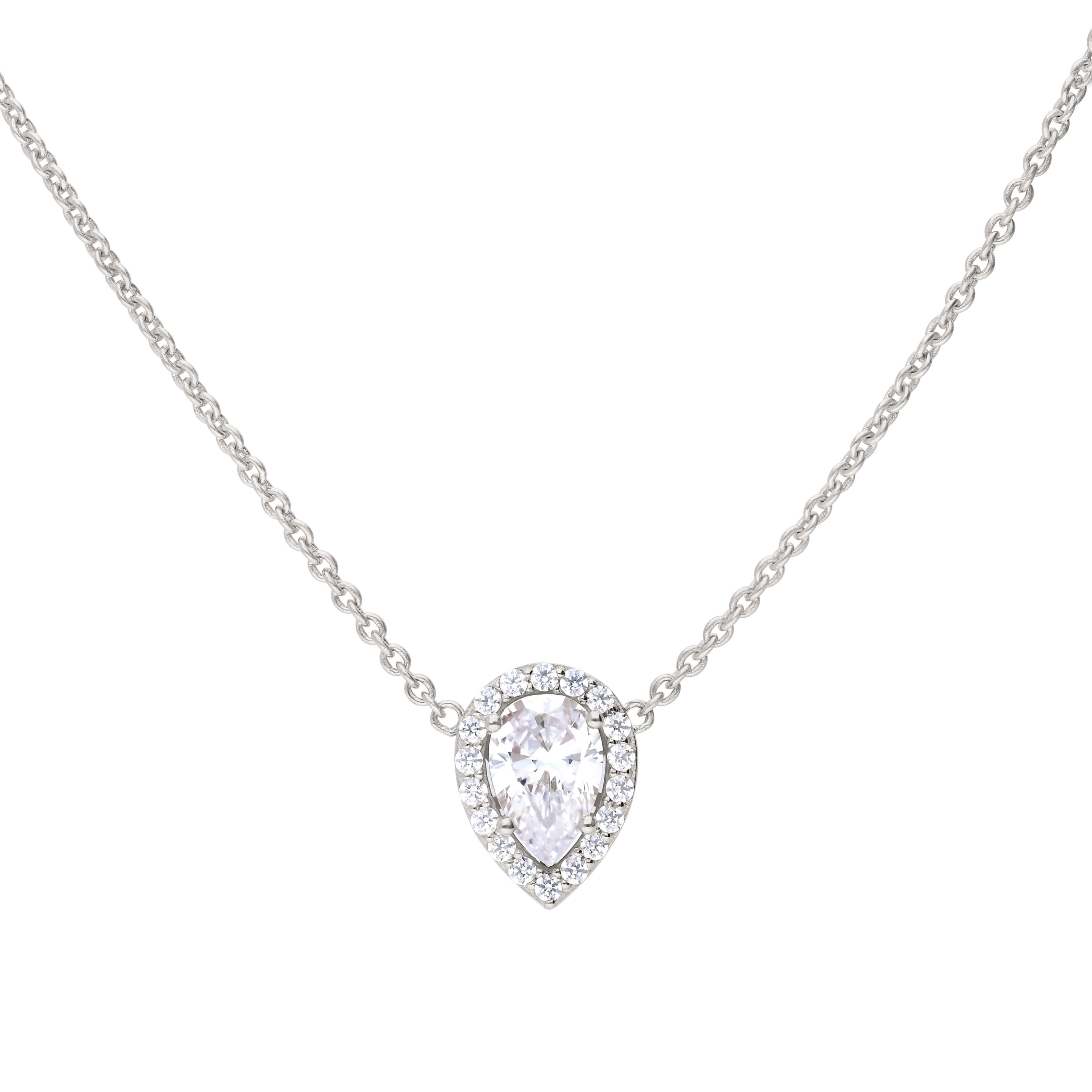 "1.30ct teardrop halo necklace featuring 57-facet Diamonfire® cubic zirconia stones set in triple plated sterling silver, modern 40-45cm design, AnchorCert Pro certified skin safe."