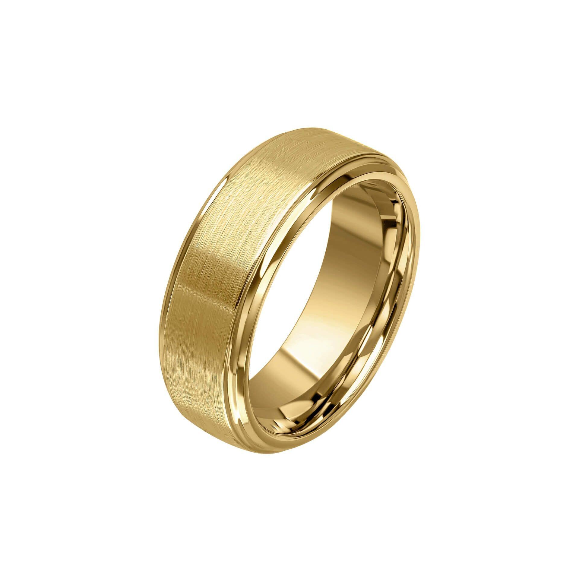 "Brushed Yellow Gold IP Plated Tungsten Ring with contrasting brushed and polished finishes, AnchorCert Pro certified skin safe, showcasing a luxurious yellow gold finish."