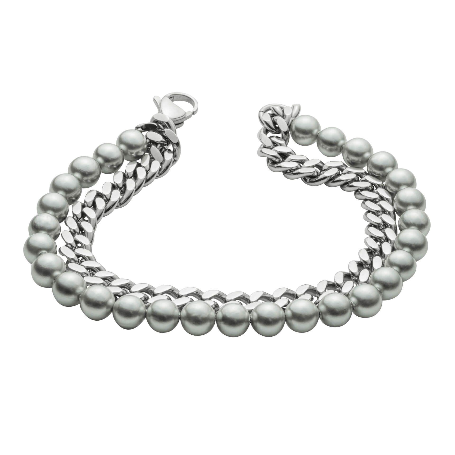 "fredbennett® Double Curb Chain & Shell Pearl Bracelet – A modern men’s bracelet featuring a stainless steel curb chain on one side and smooth grey shell pearls on the other. A bold yet refined accessory, perfect for any occasion. AnchorCert® certified and presented in luxury suede packaging from Gold and Diamonds."