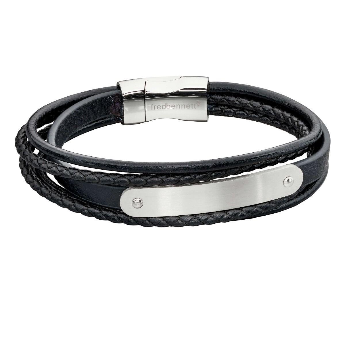 "fredbennett® Multi-Strand Woven Black Leather Bracelet – A stylish men’s bracelet crafted from soft black woven leather, featuring an engravable stainless steel ID bar and a secure magnetic clasp. Free custom engraving available. AnchorCert® certified and presented in luxury suede packaging from Gold and Diamonds."