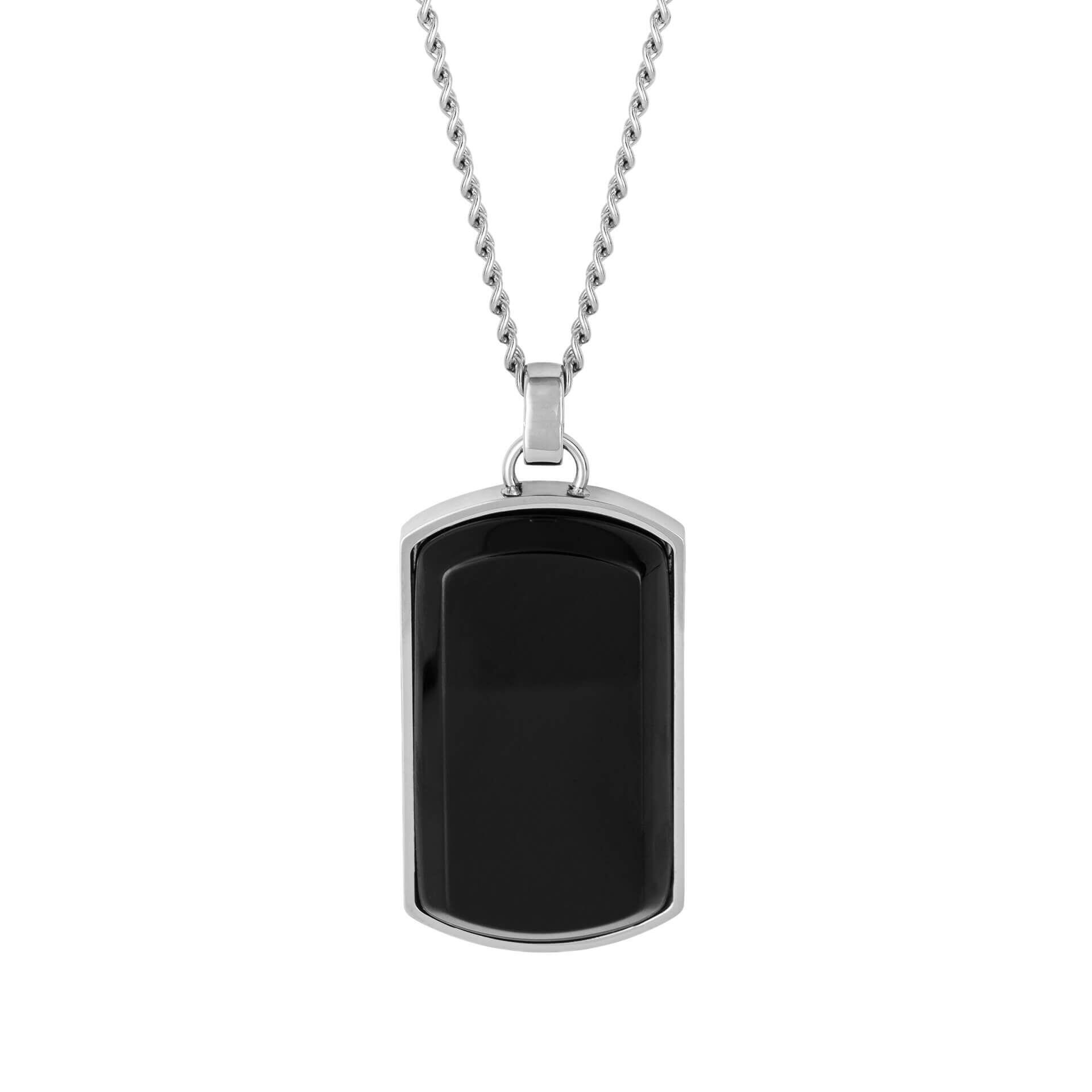 "fredbennett® Stainless Steel Dog Tag Pendant with Black Onyx – engravable back for text, images or handwritten messages. A healing necklace for men, gift-ready in a suede pouch from Gold and Diamonds."