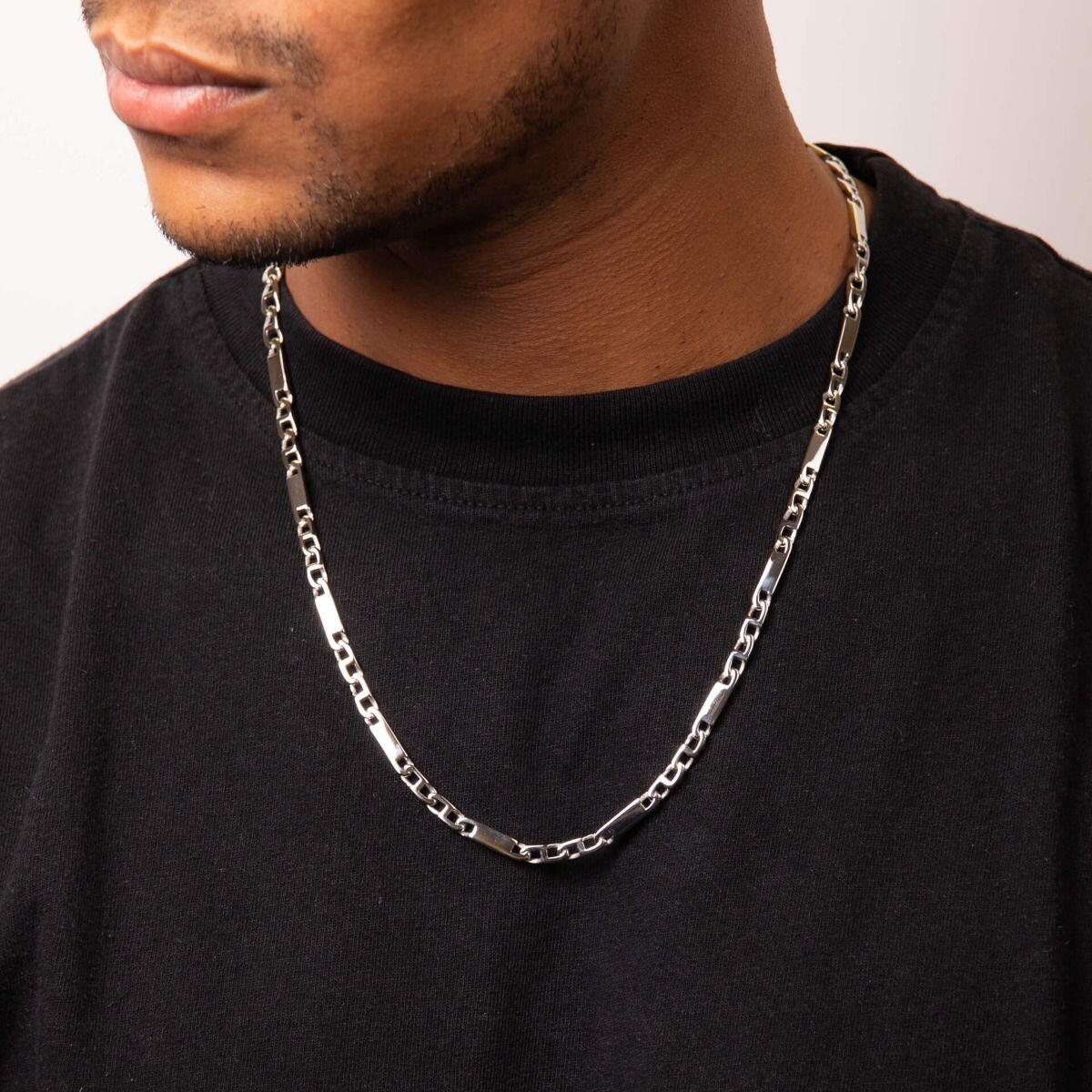 "fredbennett® Stainless Steel Bar Chain Necklace – sleek and modern everyday men’s necklace, skin-safe and presented in a suede pouch from Gold and Diamonds."