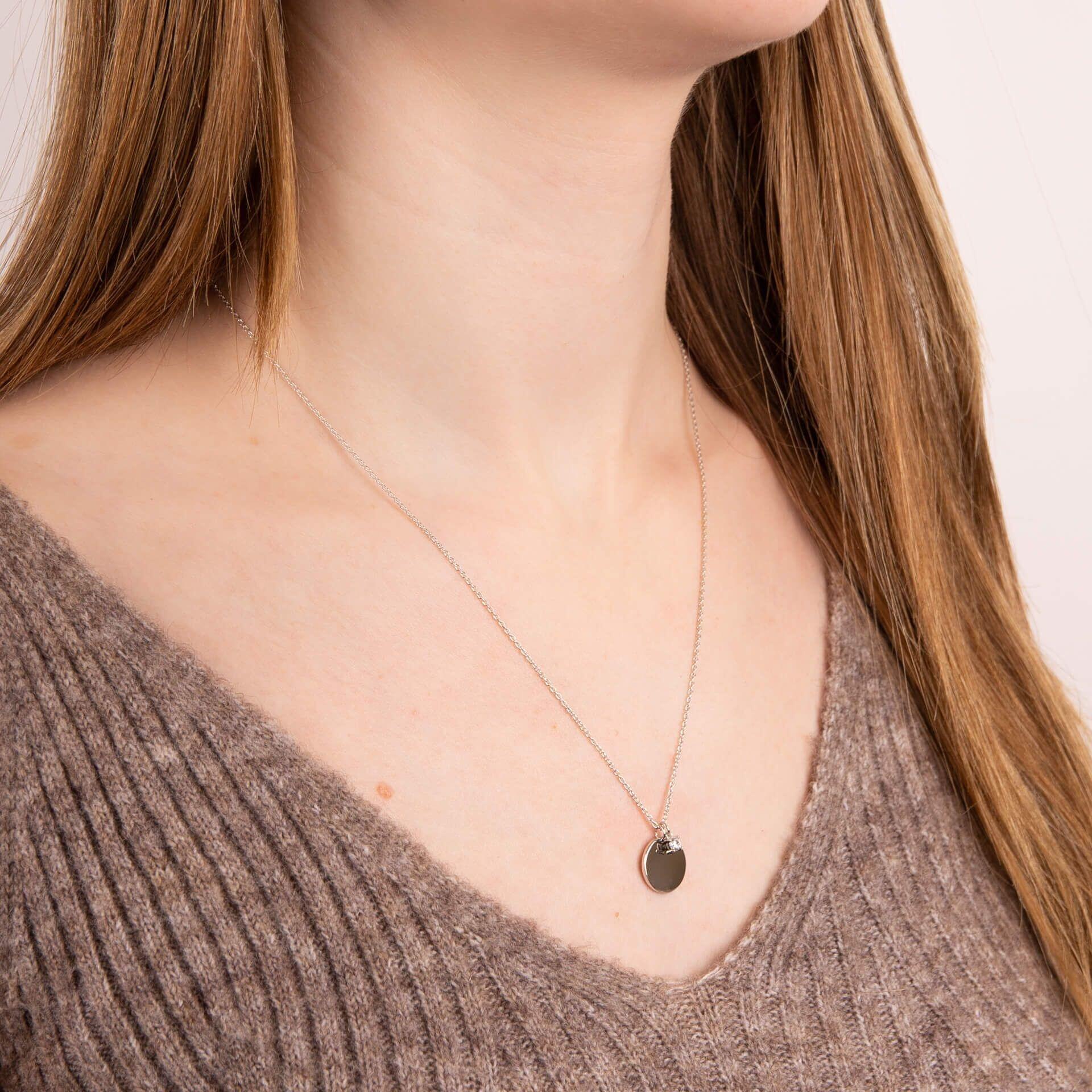 "Diamonfire® Engravable Tag Necklace with 57-facet zirconia charm, crafted in triple plated sterling silver, free engraving on both sides, AnchorCert Pro certified skin safe, presented in luxury silk packaging with gift bag—perfect for gifts, weddings, or meaningful keepsakes."