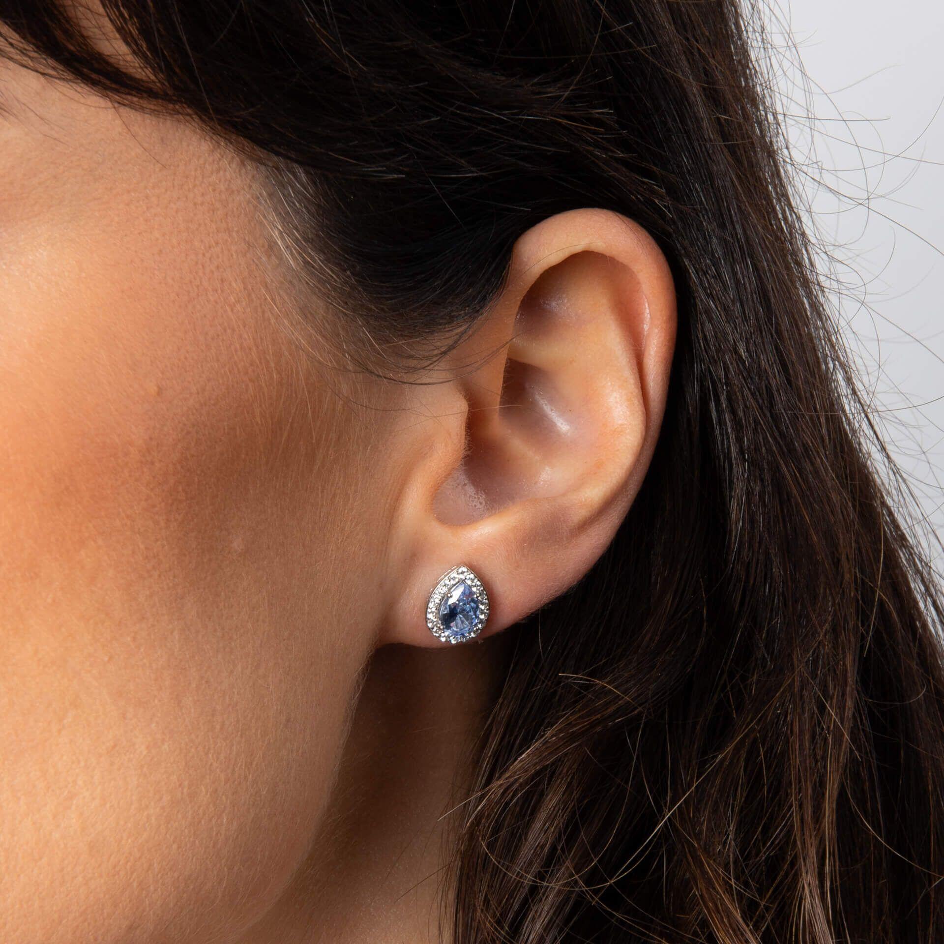 Diamonfire® Aqua Blue Halo Teardrop Zirconia Stud Earrings in Triple Plated Sterling Silver – Elegant Jewellery by Gold and Diamonds