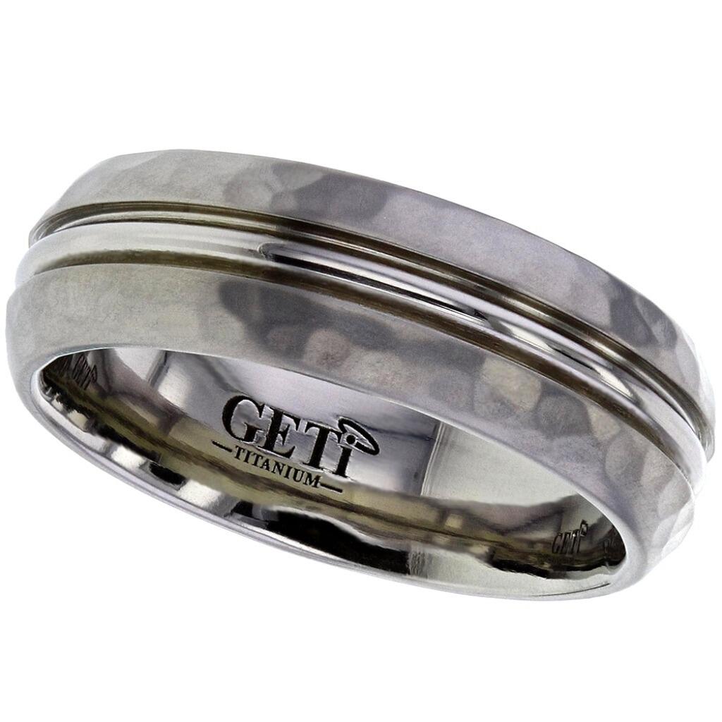 Traditional court Geti titanium wedding band with hammered edges and half round centre rail by Gold and Diamonds