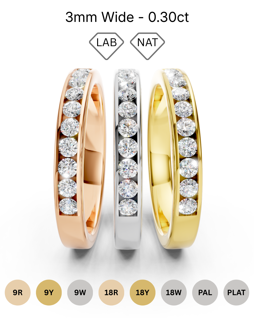 3mm channel set diamond wedding band 0.30ct round diamonds in gold platinum and palladium