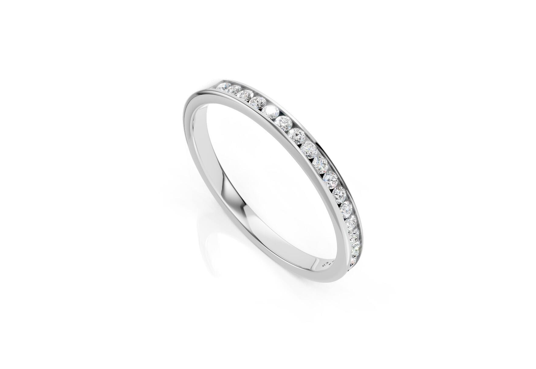2mm channel set diamond wedding band 0.15ct round diamonds 50 percent set in gold platinum and palladium