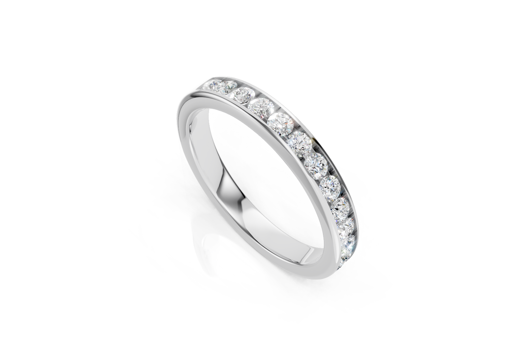 3mm channel set diamond wedding band 0.50ct round diamonds 50 percent set in gold platinum and palladium