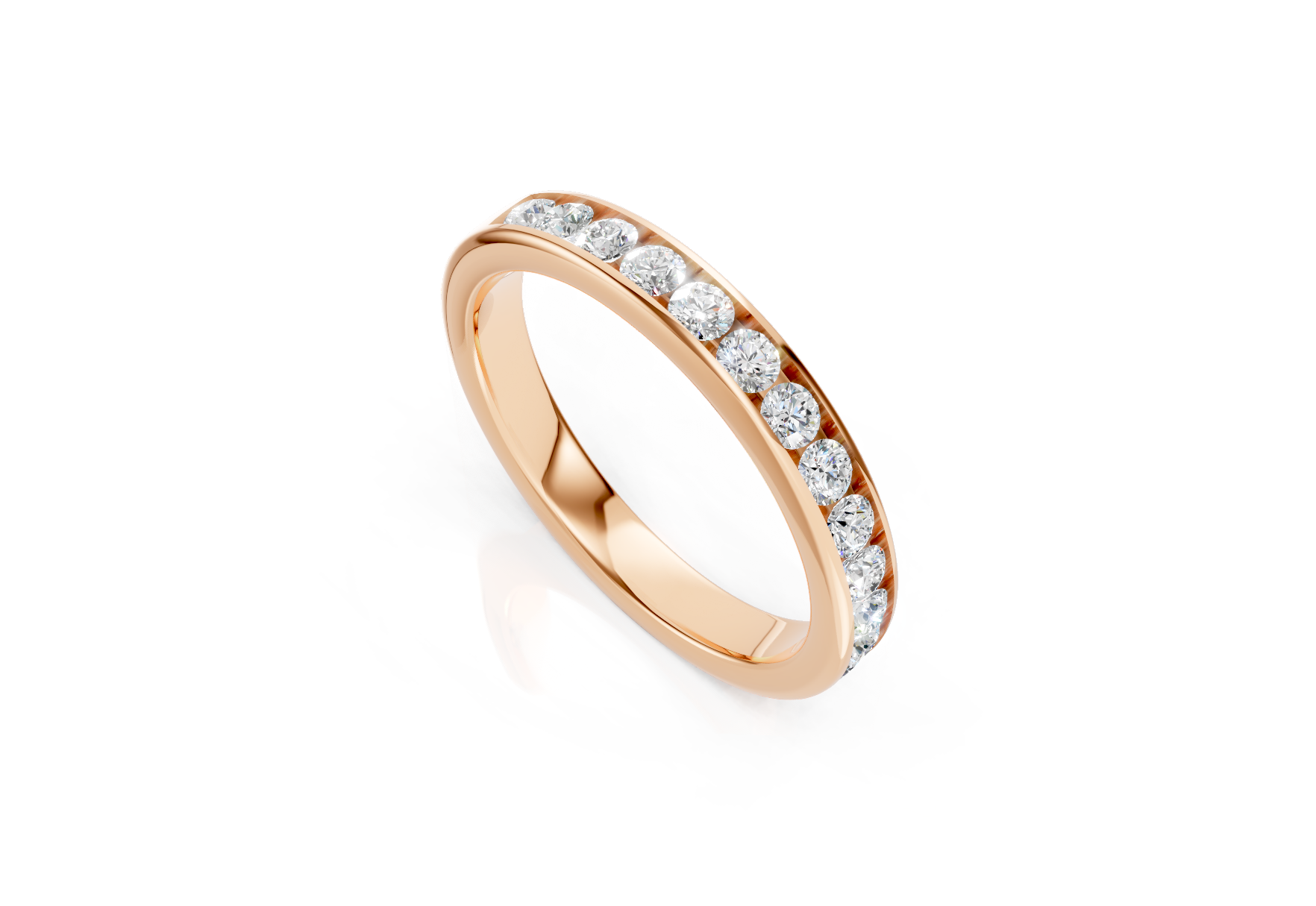 3mm channel set diamond wedding band 0.50ct round diamonds 50 percent set in gold platinum and palladium